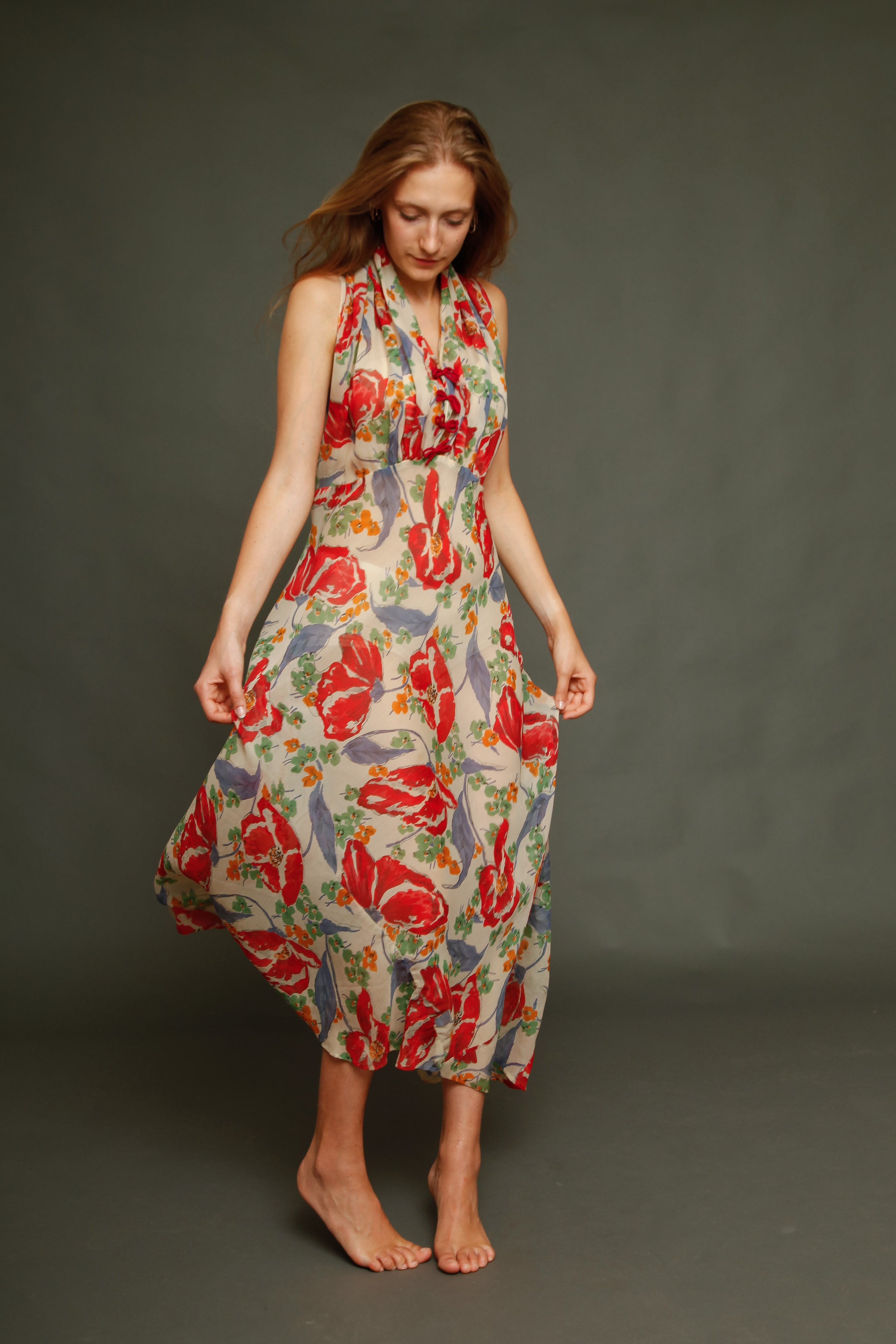 Incredible 30s Silk Chiffon with Poppy Print Dress