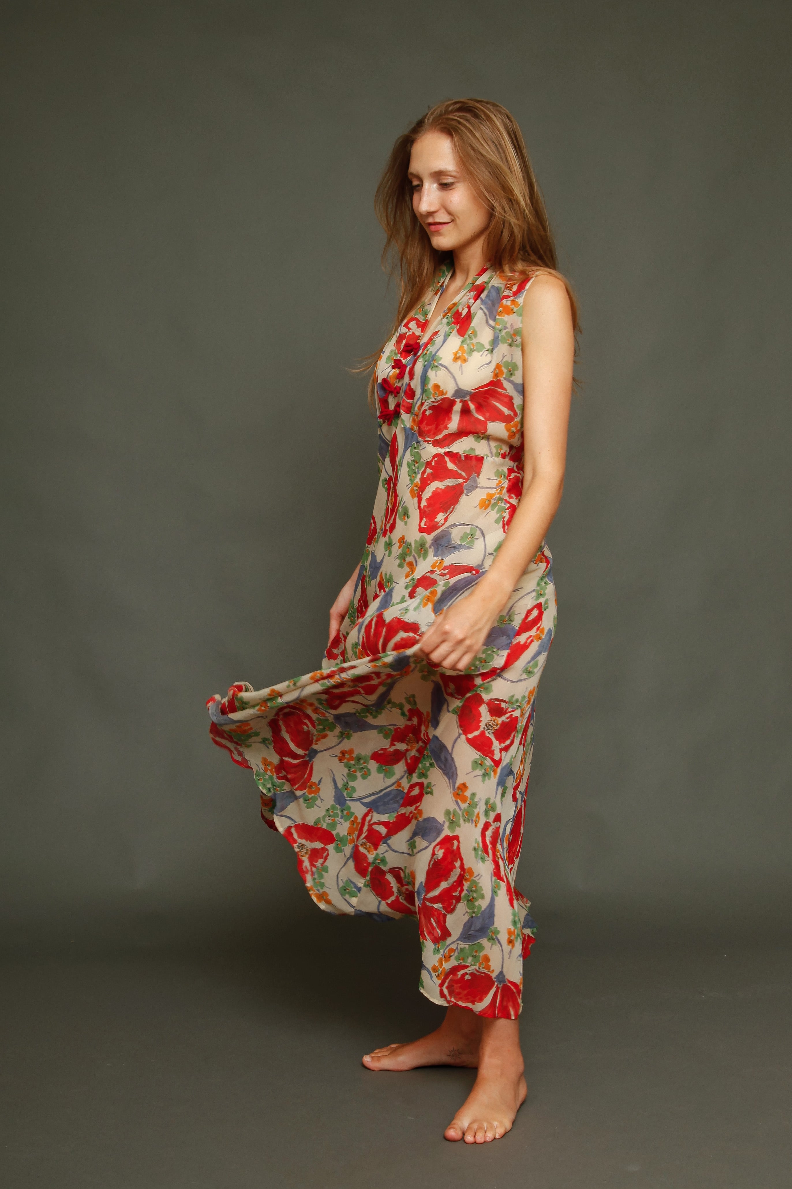 Incredible 30s Silk Chiffon with Poppy Print Dress