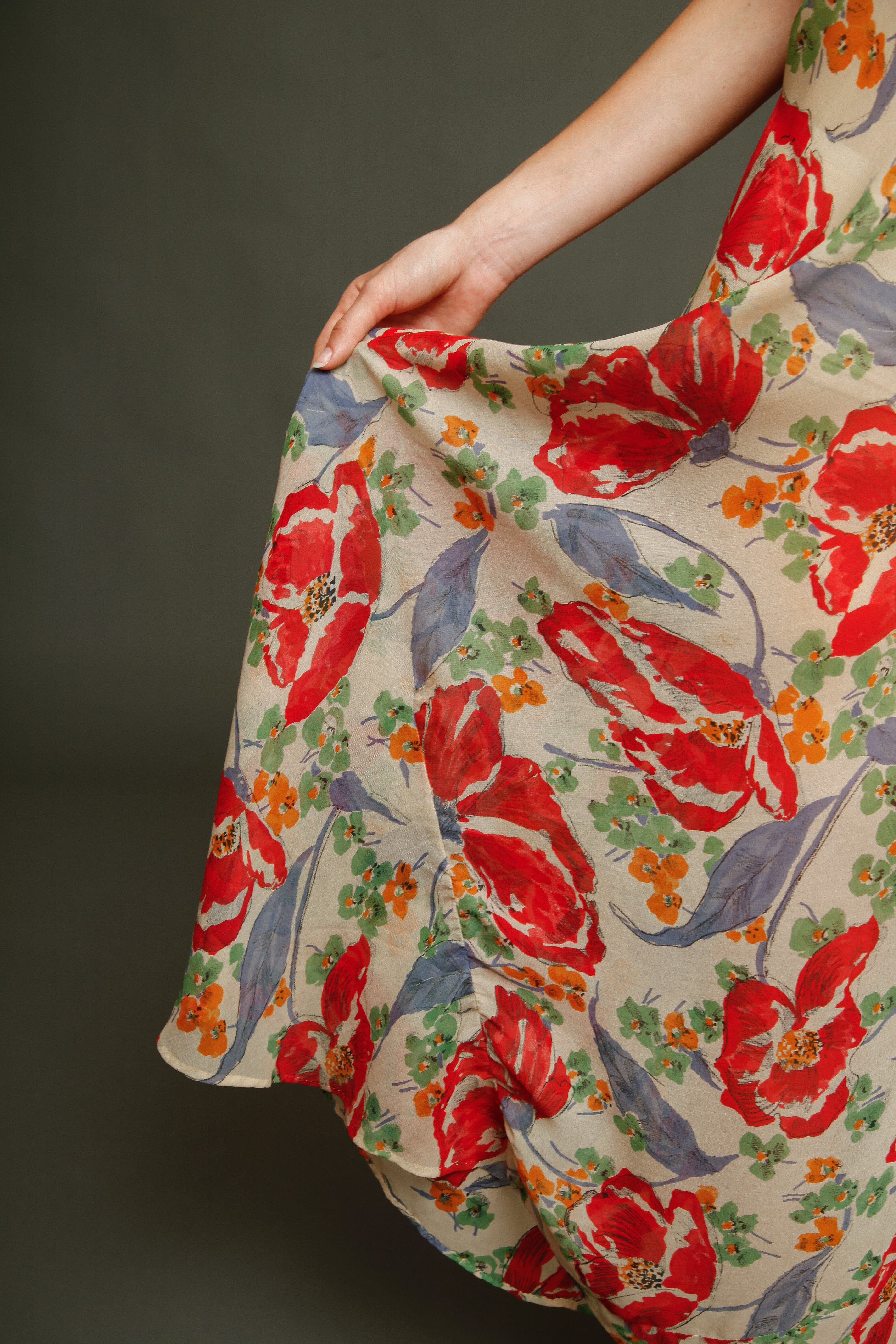 Incredible 30s Silk Chiffon with Poppy Print Dress