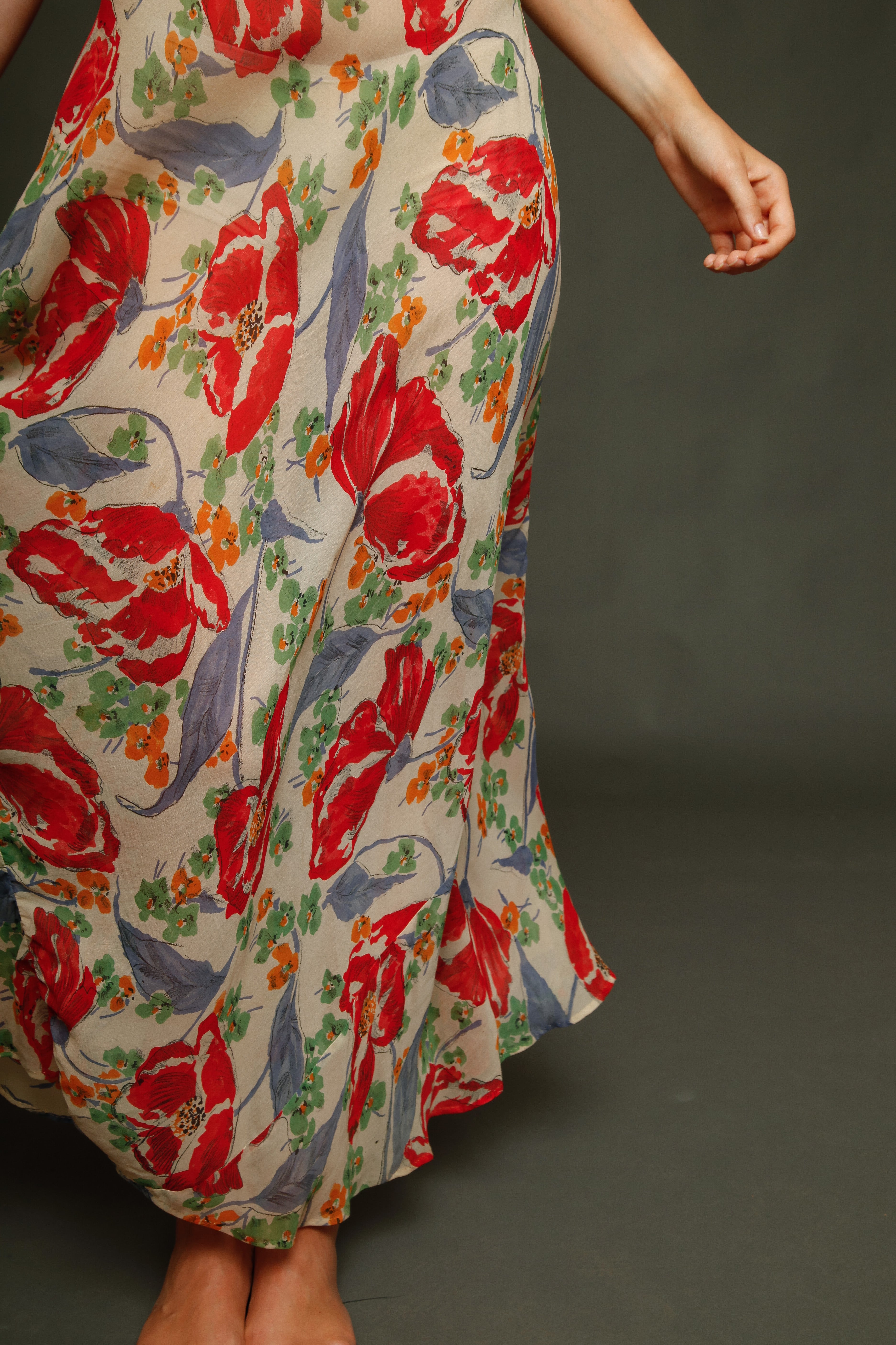 Incredible 30s Silk Chiffon with Poppy Print Dress