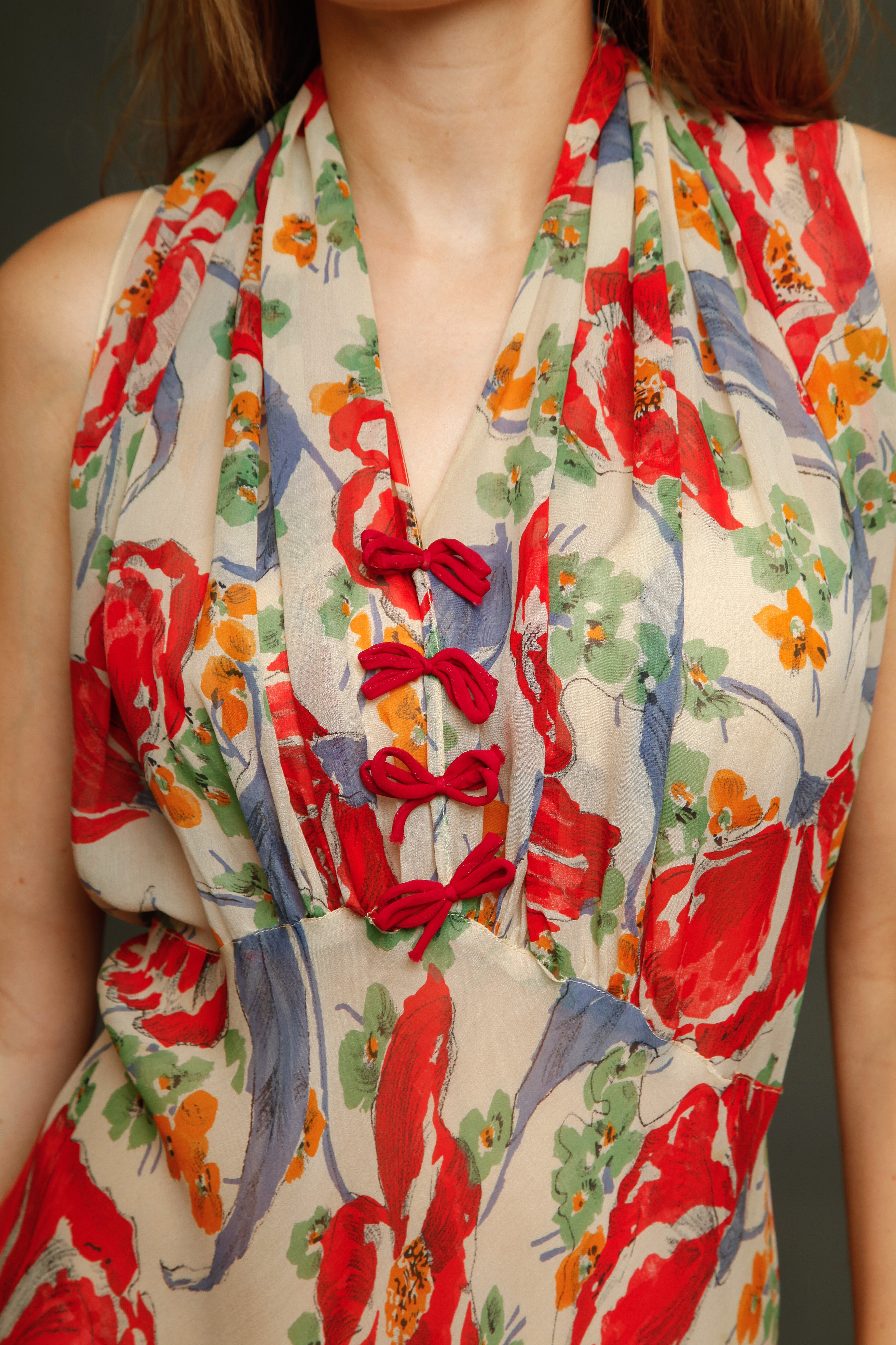 Incredible 30s Silk Chiffon with Poppy Print Dress