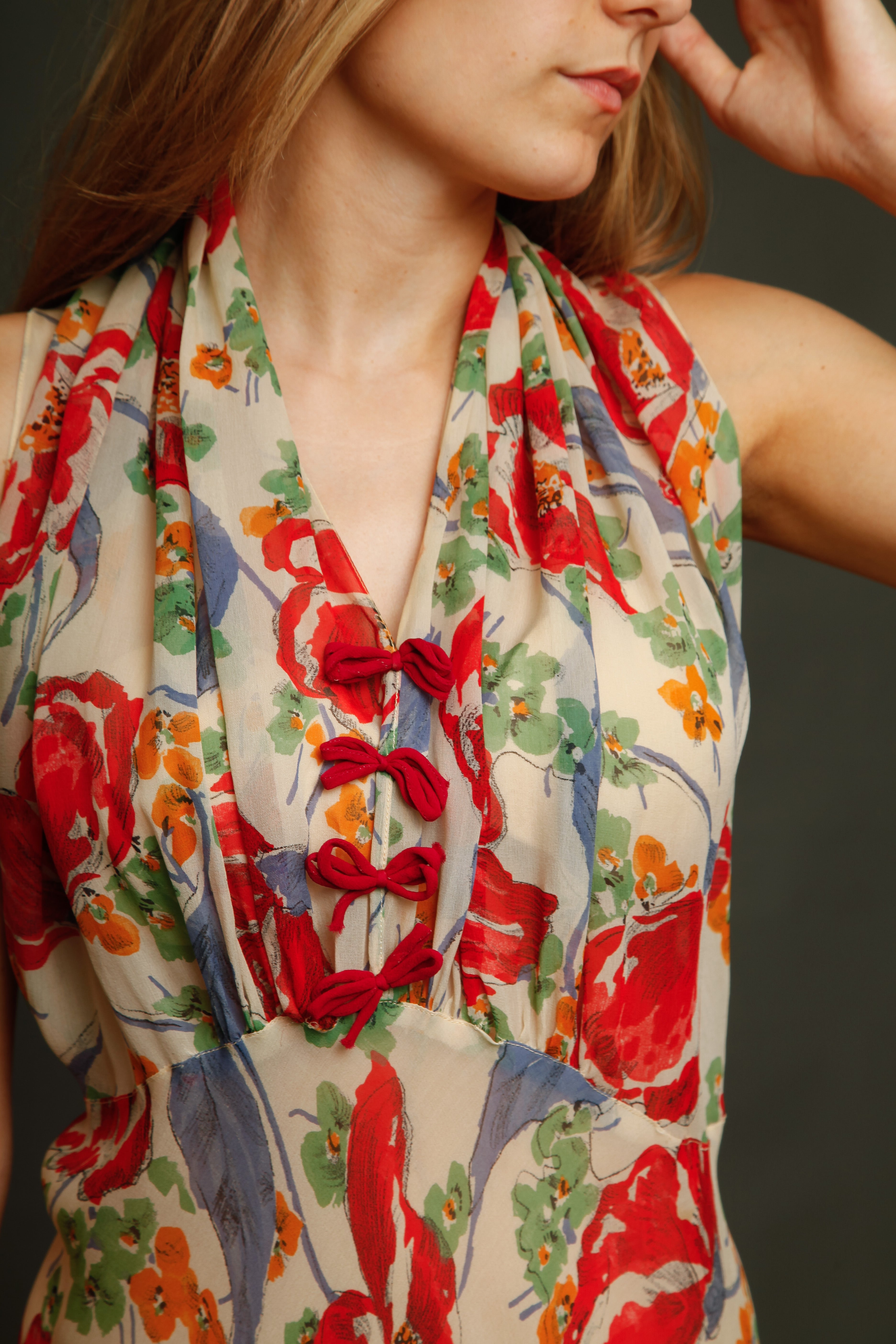 Incredible 30s Silk Chiffon with Poppy Print Dress