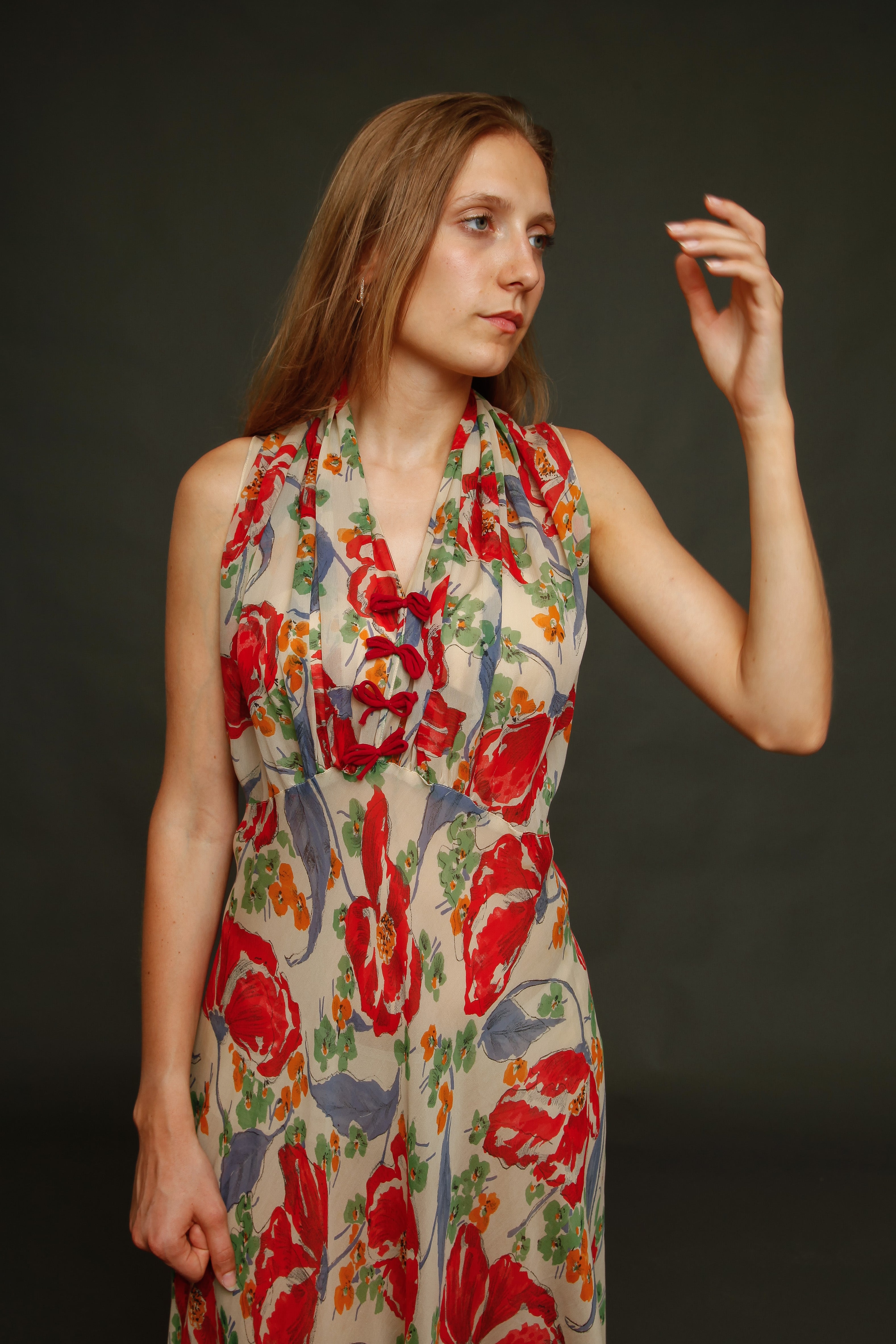 Incredible 30s Silk Chiffon with Poppy Print Dress