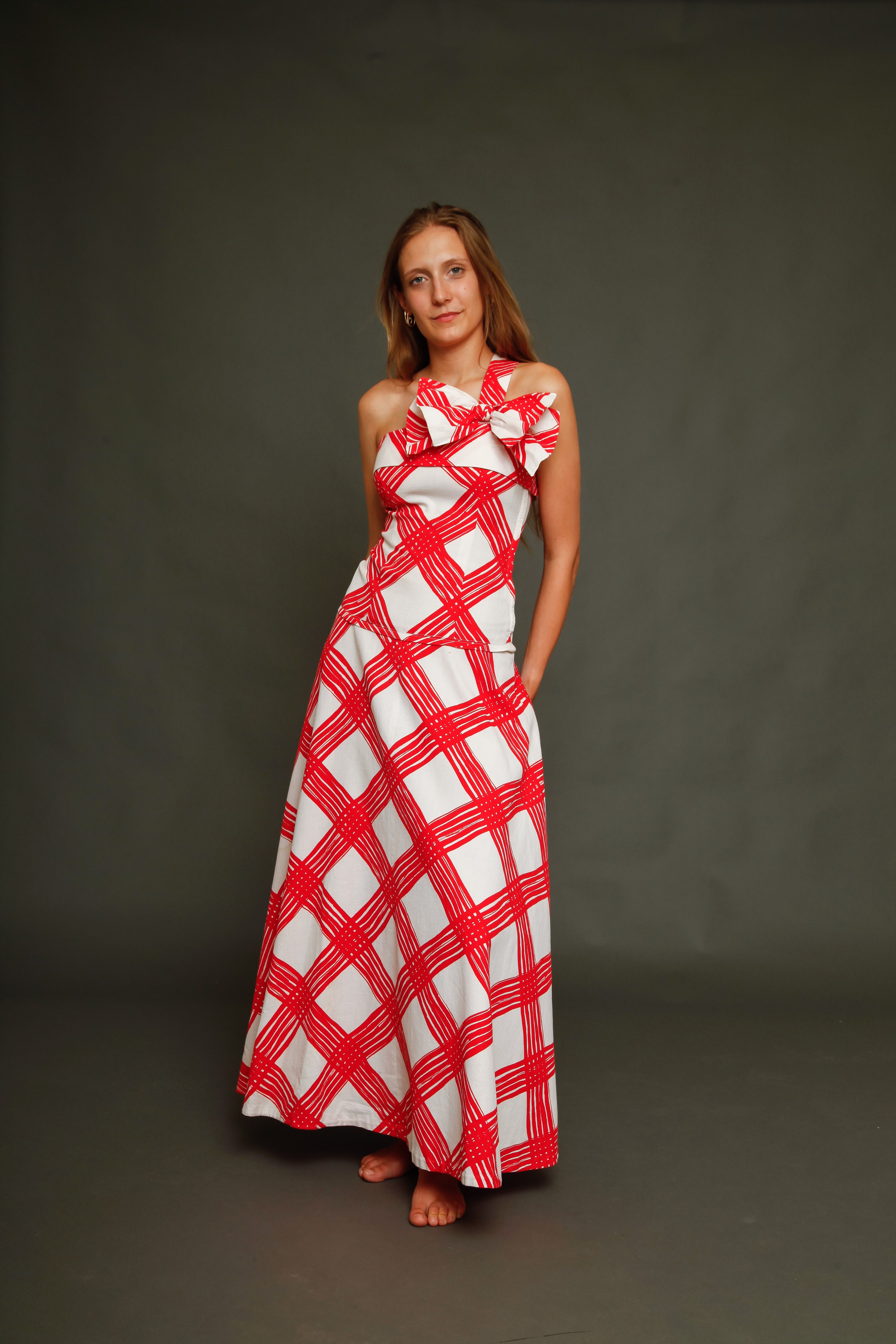 1940 Red and White Checked Long Dress