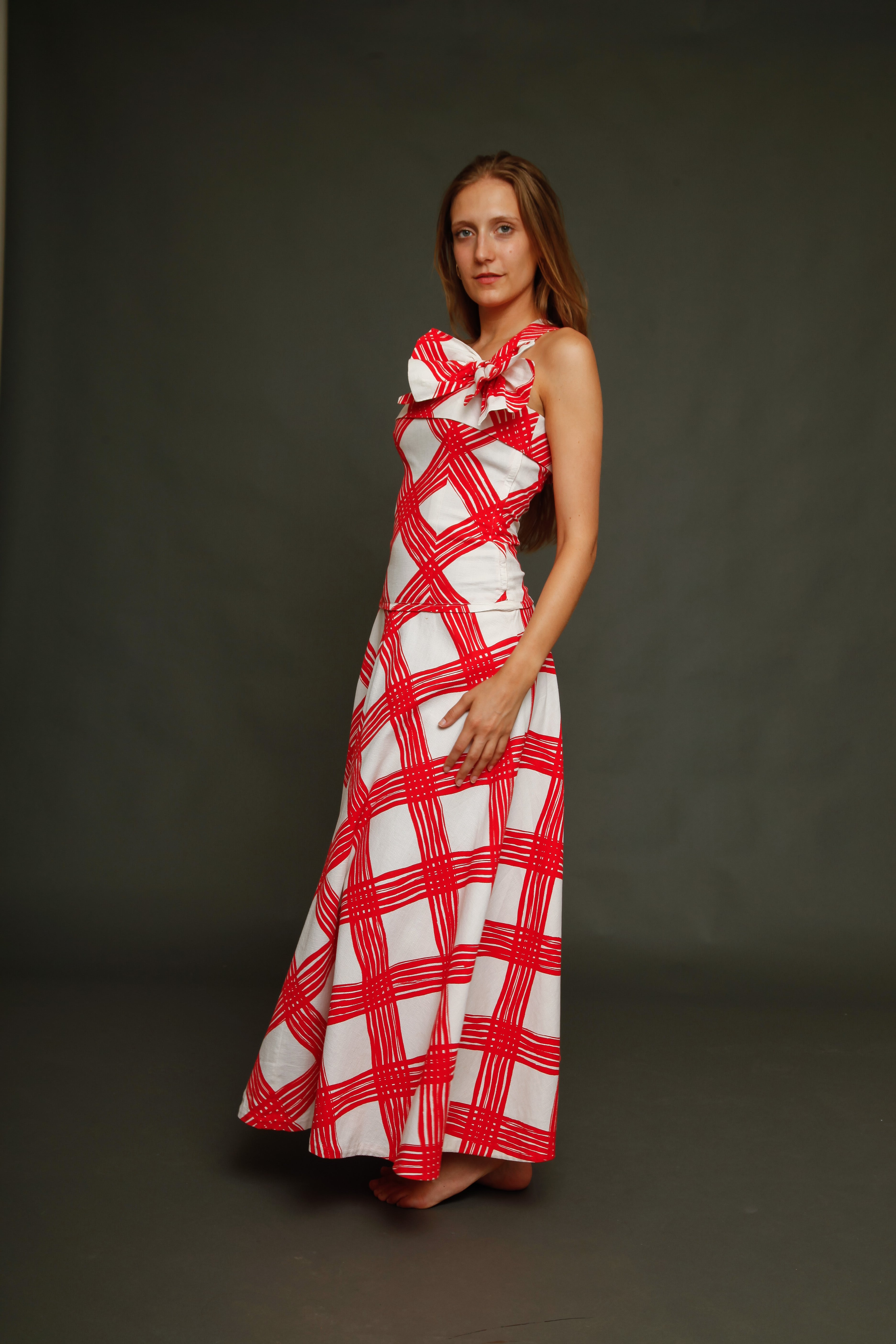 1940 Red and White Checked Long Dress