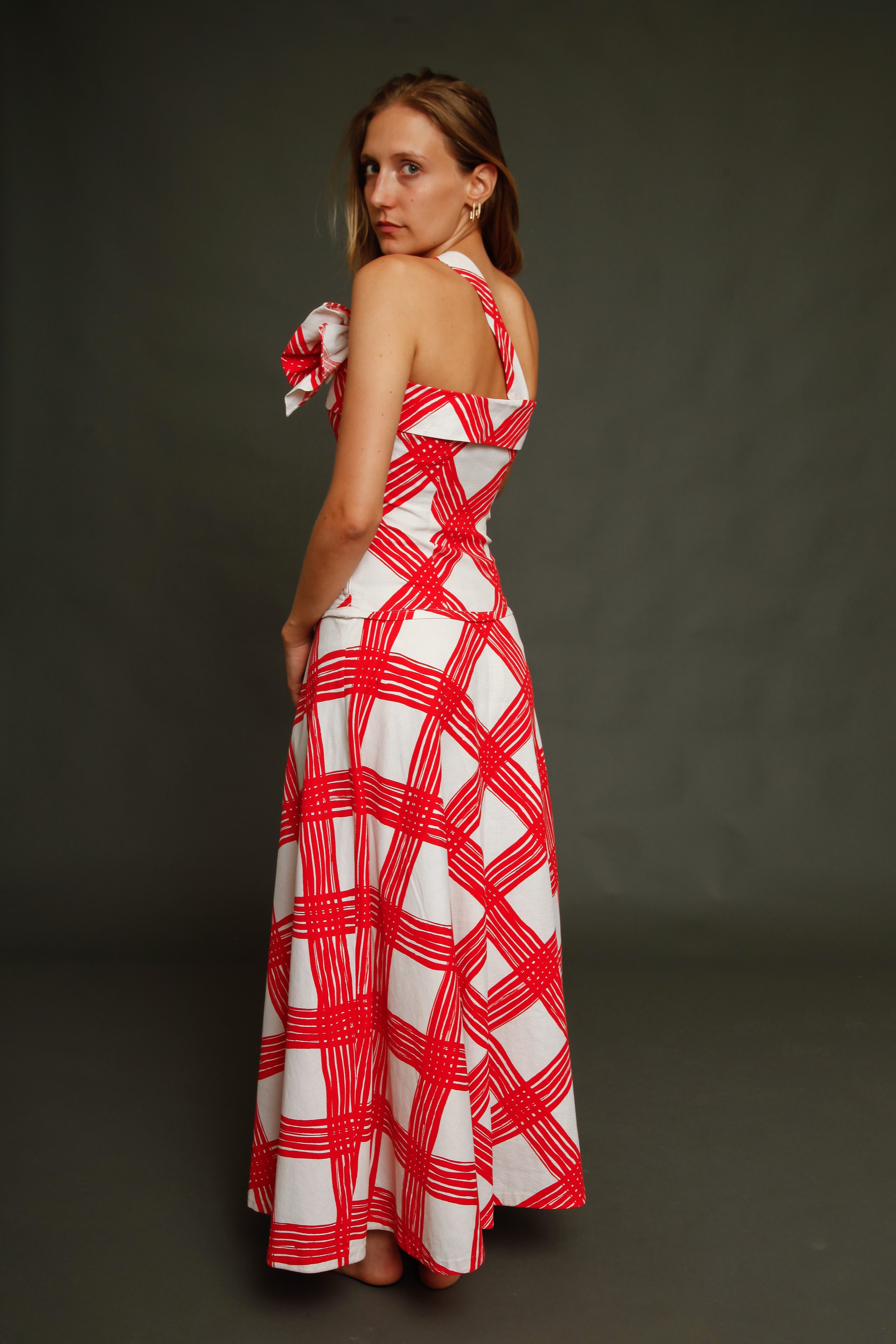 1940 Red and White Checked Long Dress