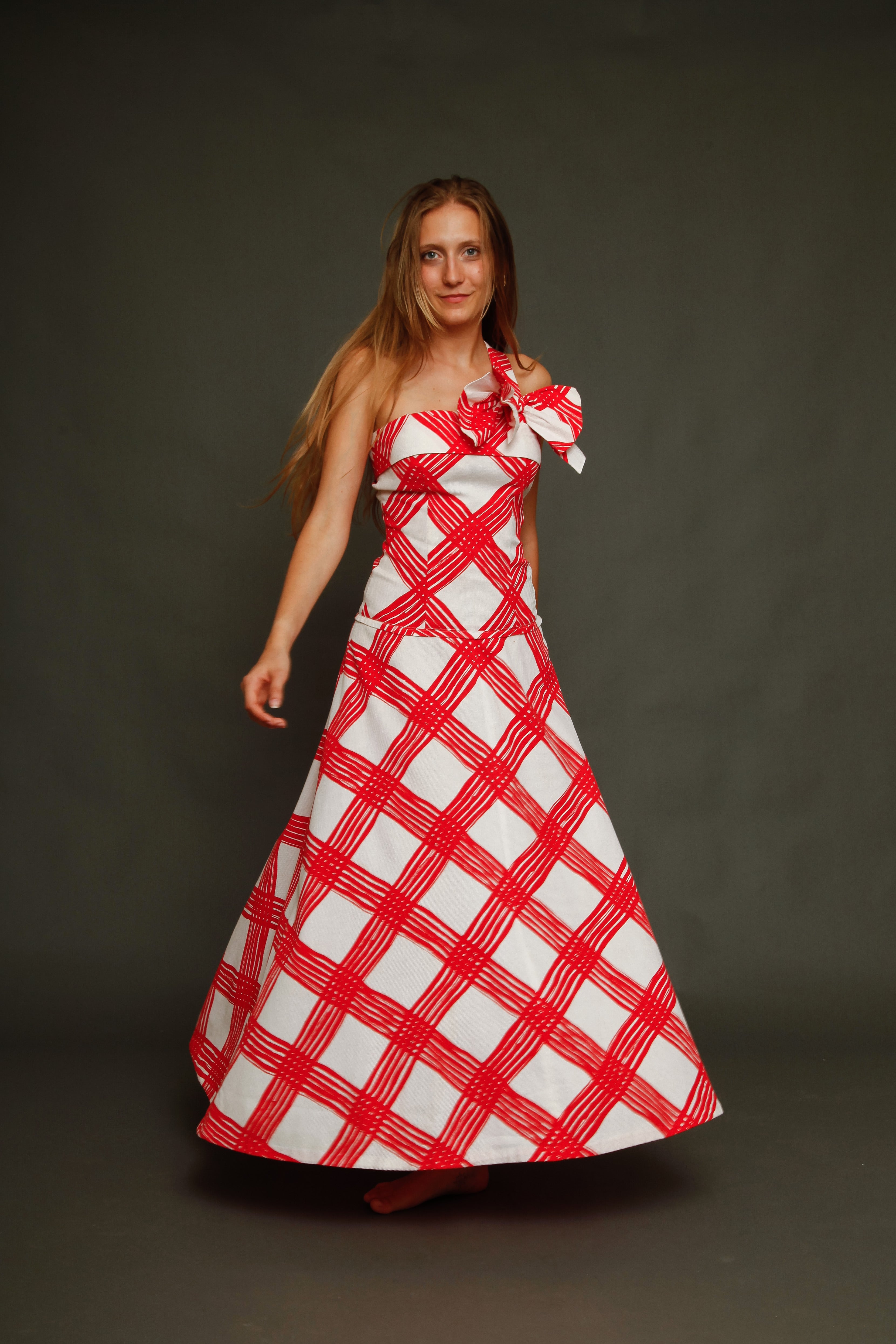 1940 Red and White Checked Long Dress