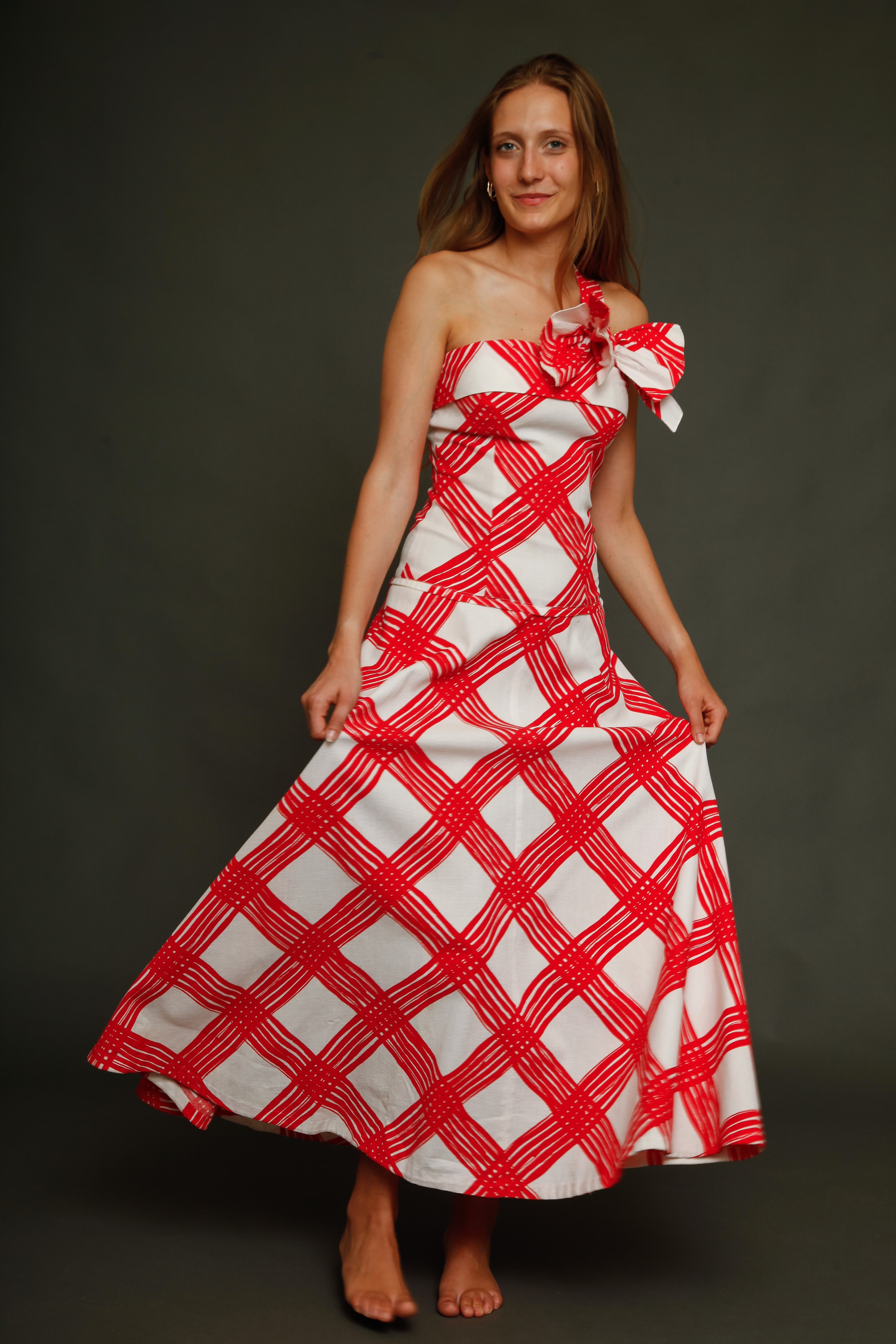 1940 Red and White Checked Long Dress