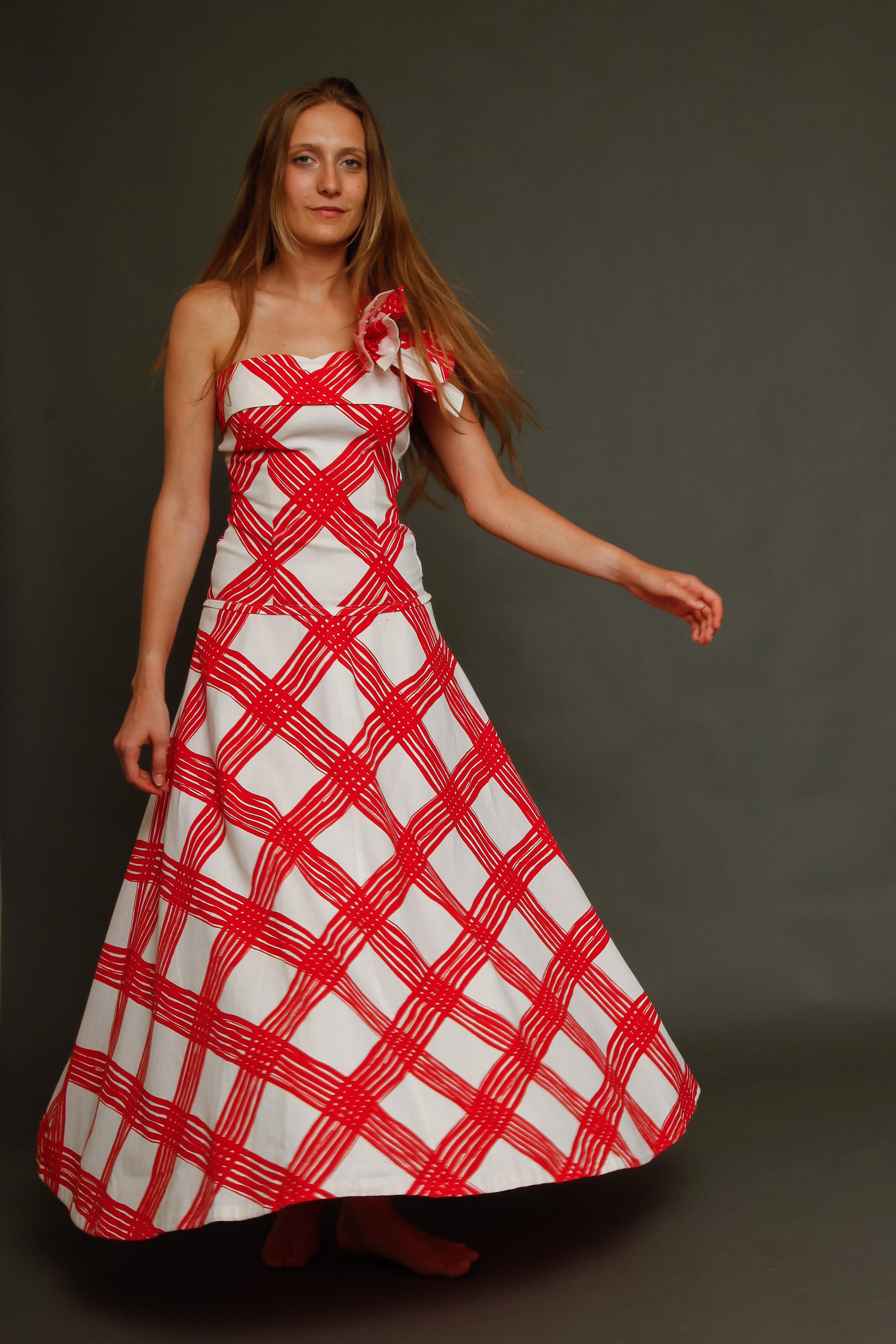 1940 Red and White Checked Long Dress