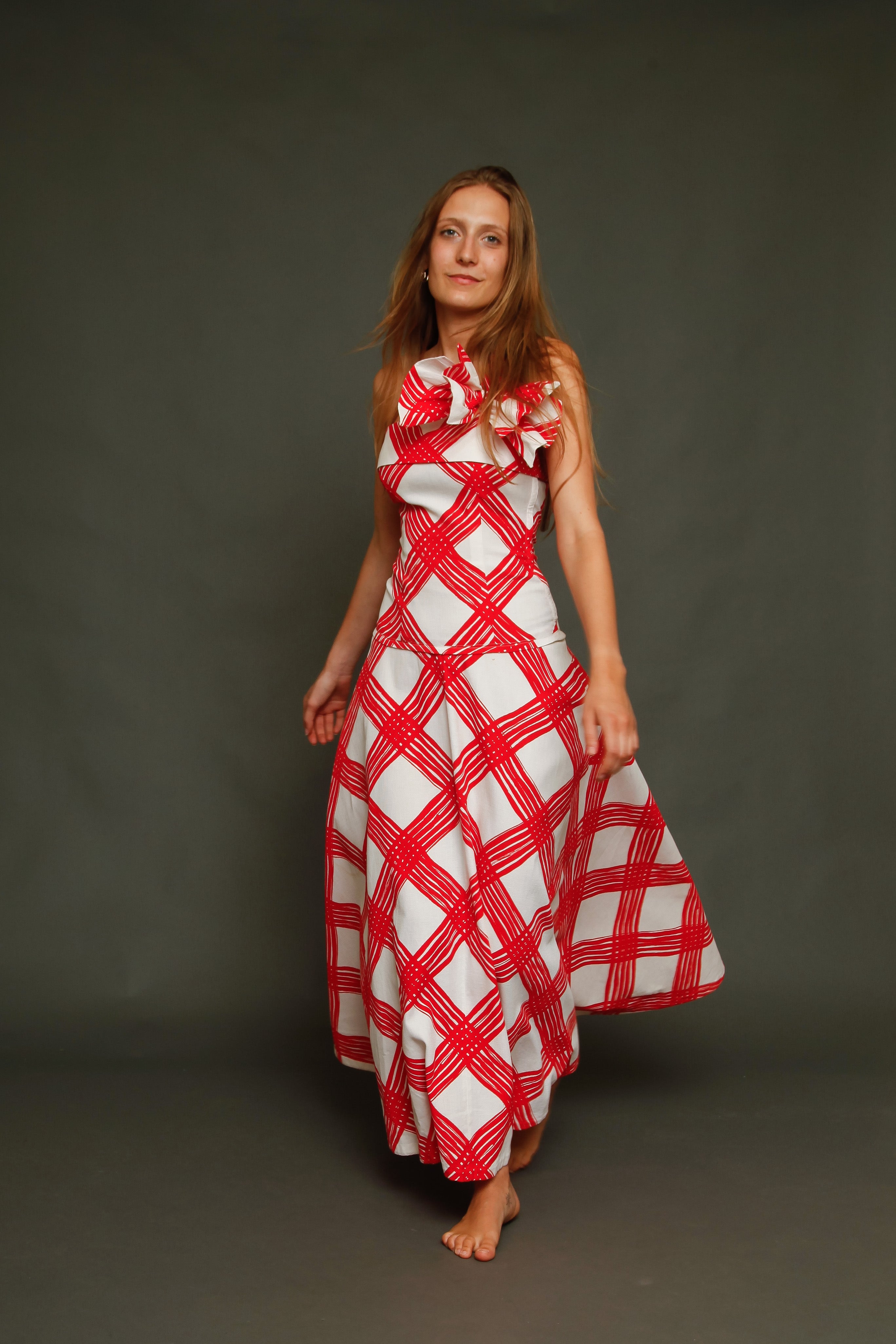 1940 Red and White Checked Long Dress