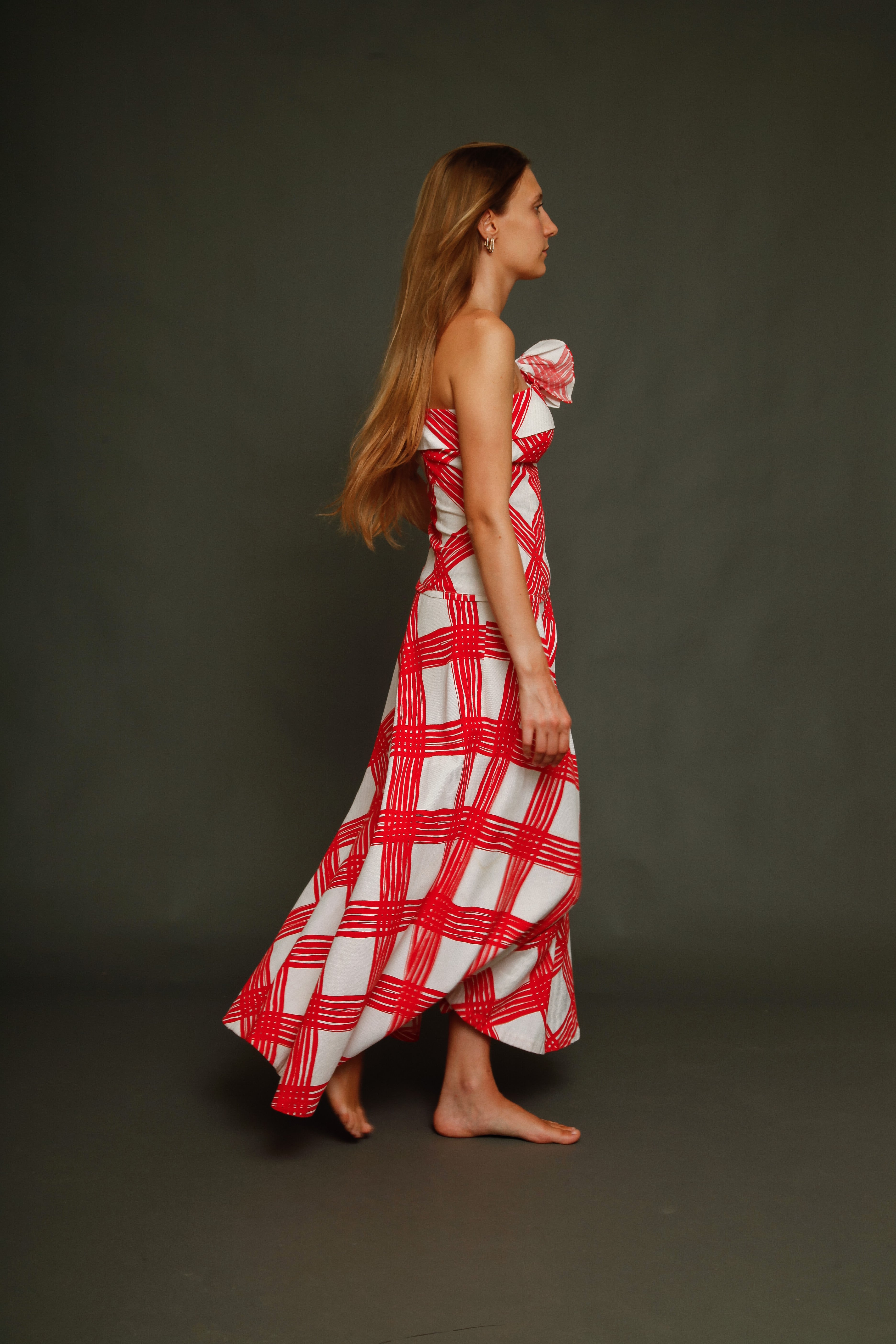 1940 Red and White Checked Long Dress