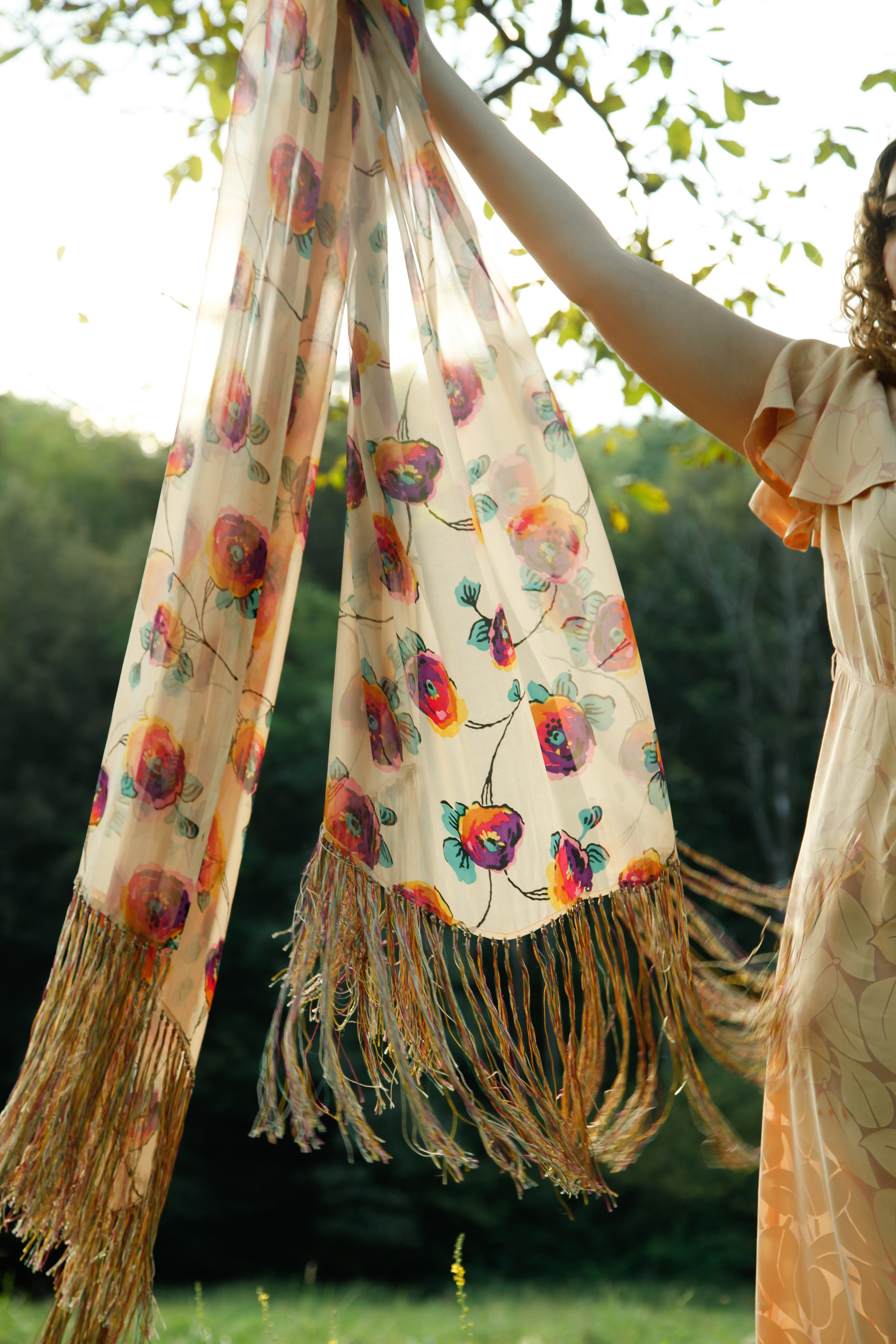 1920 Rare Silk Floral Fringed Scarf