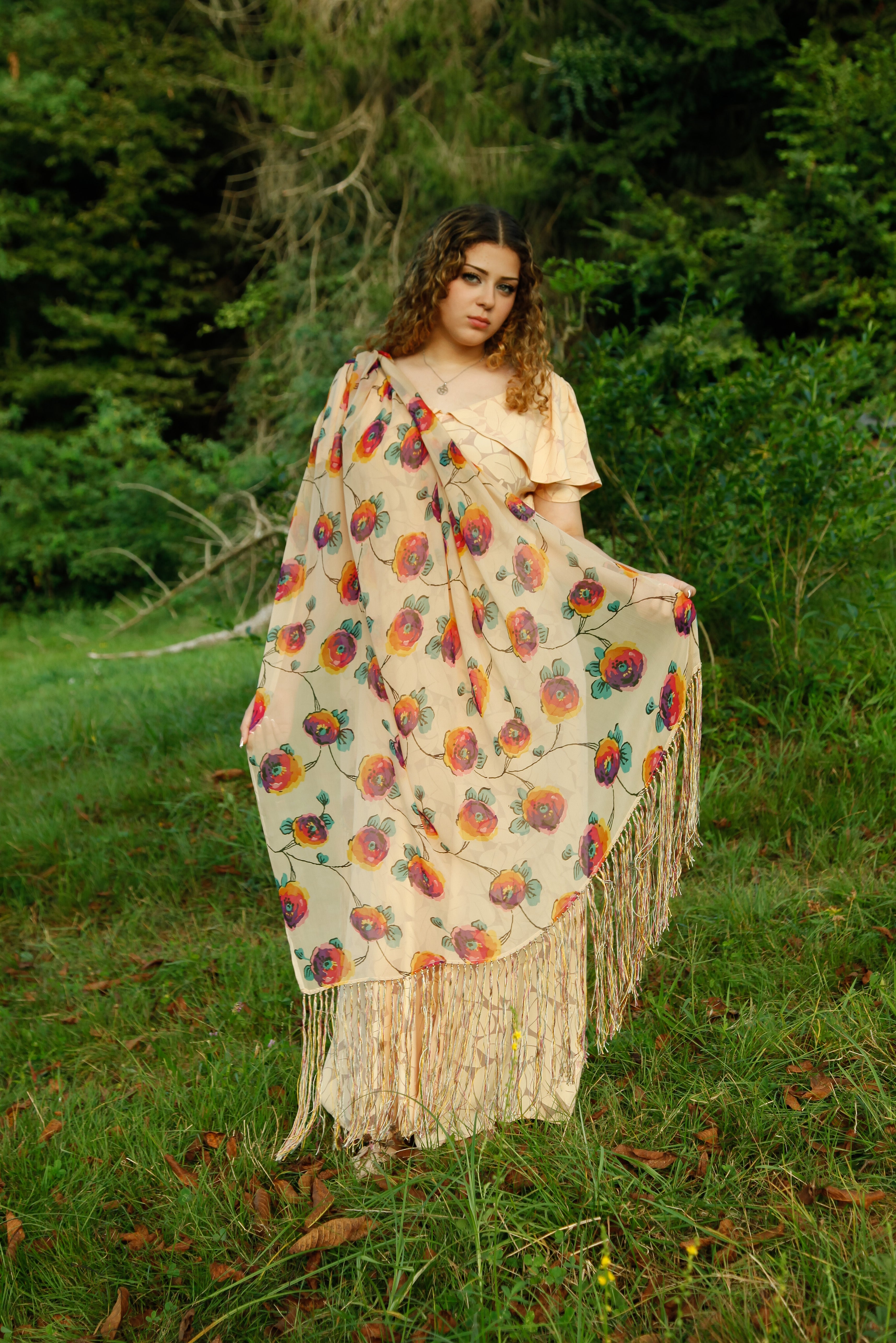 1920 Rare Silk Floral Fringed Scarf