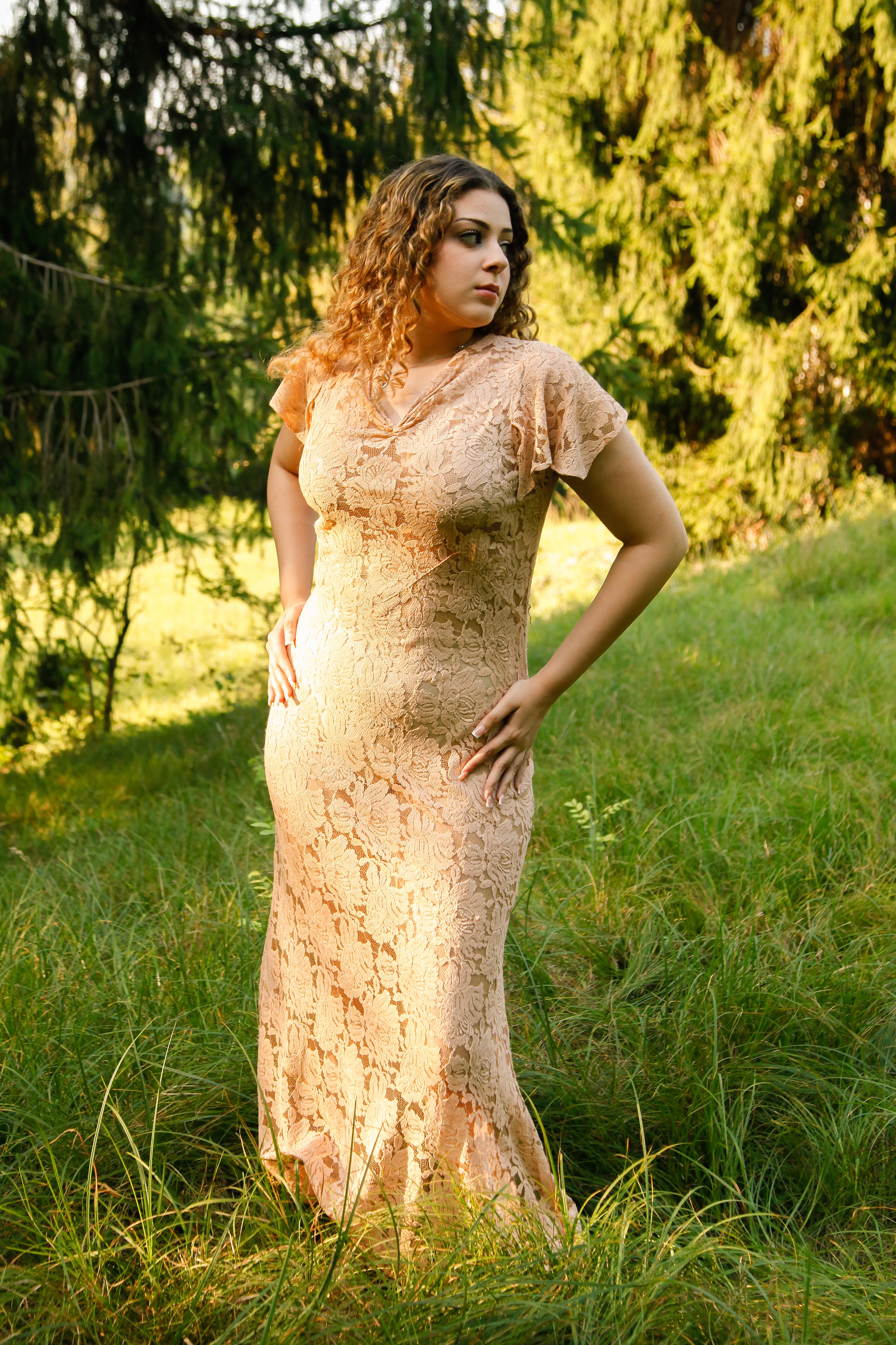 1930 Pink Lace Evening Gown