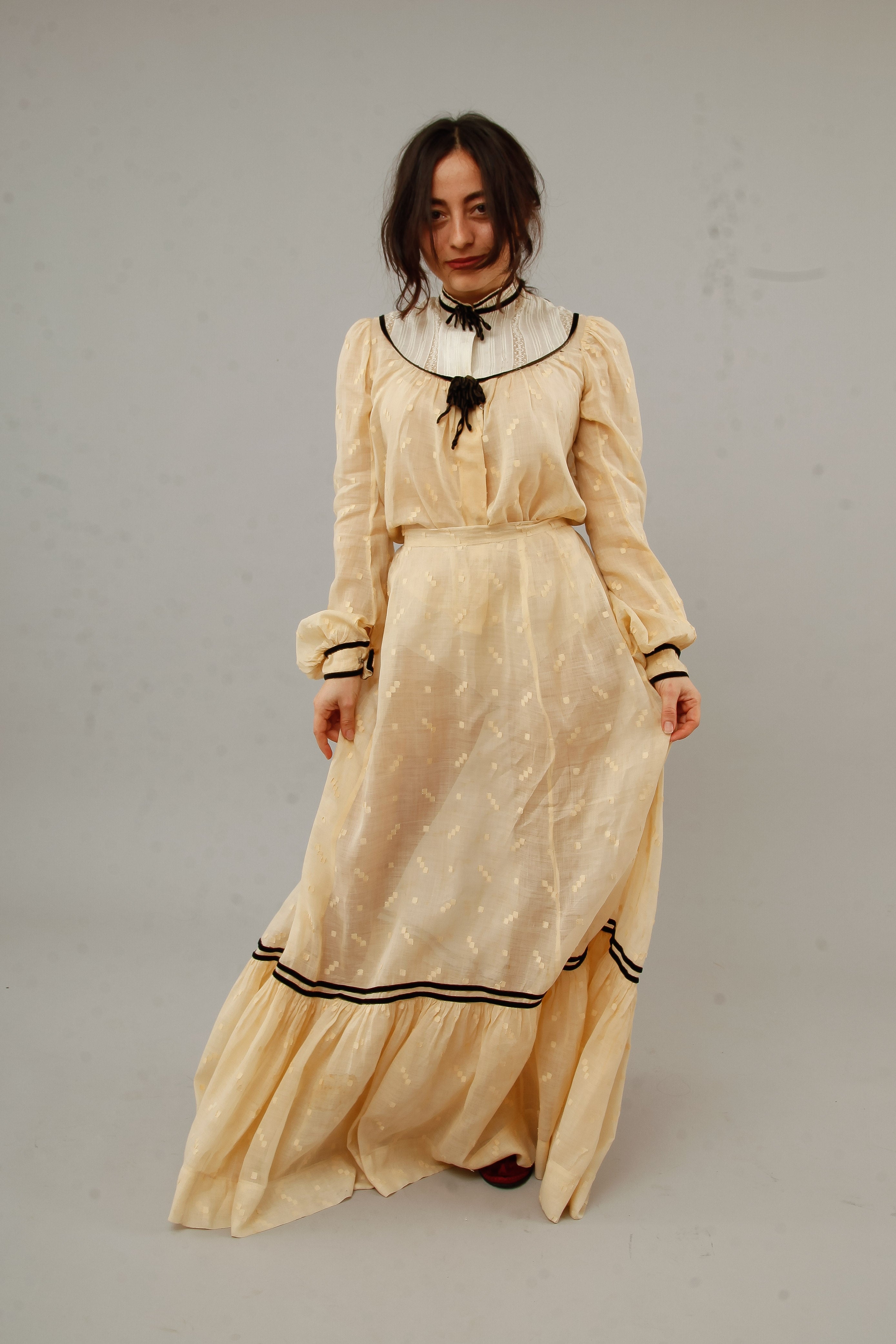 Victorian Cotton Muslin Cream Ensemble with Velvet Details