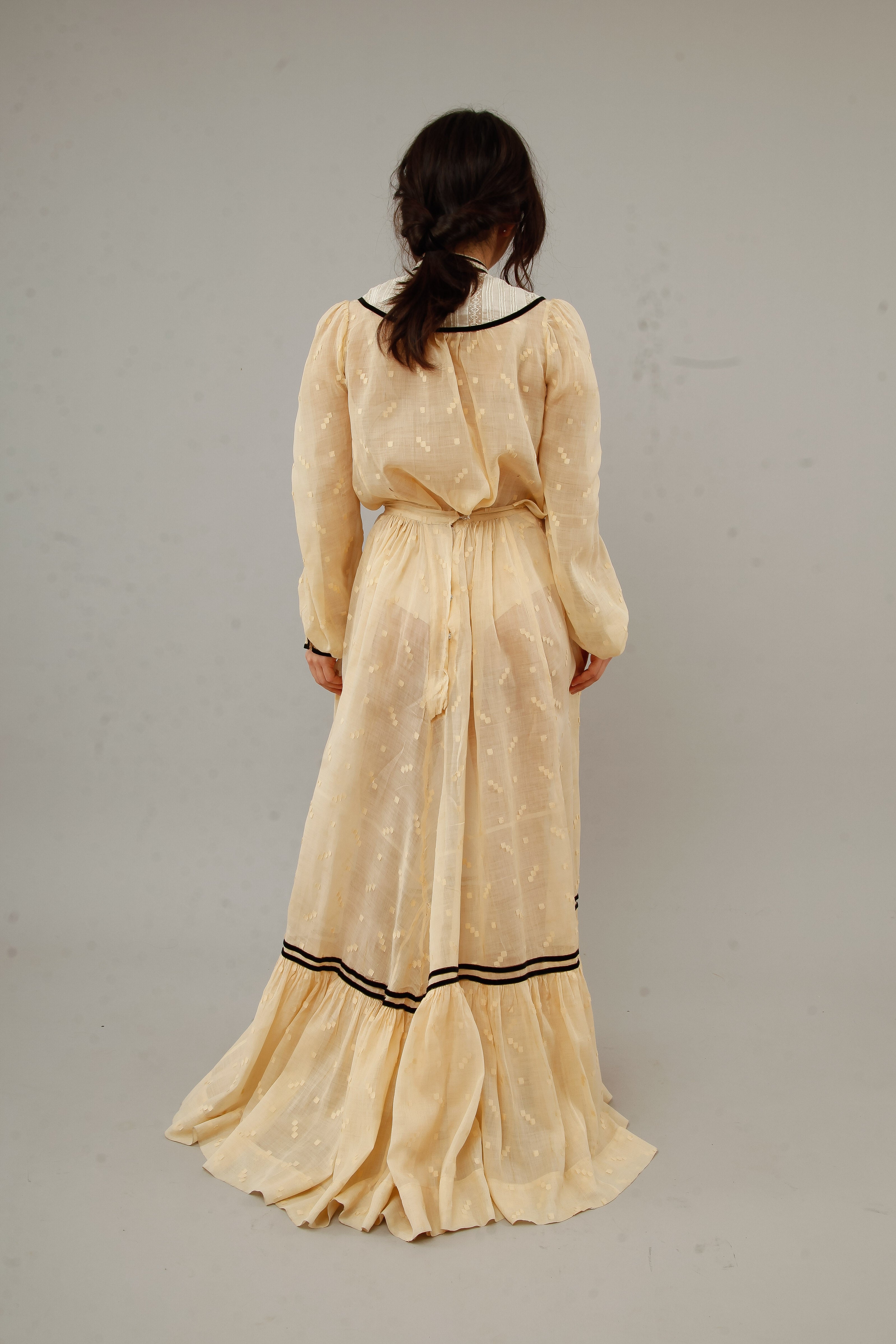 Victorian Cotton Muslin Cream Ensemble with Velvet Details