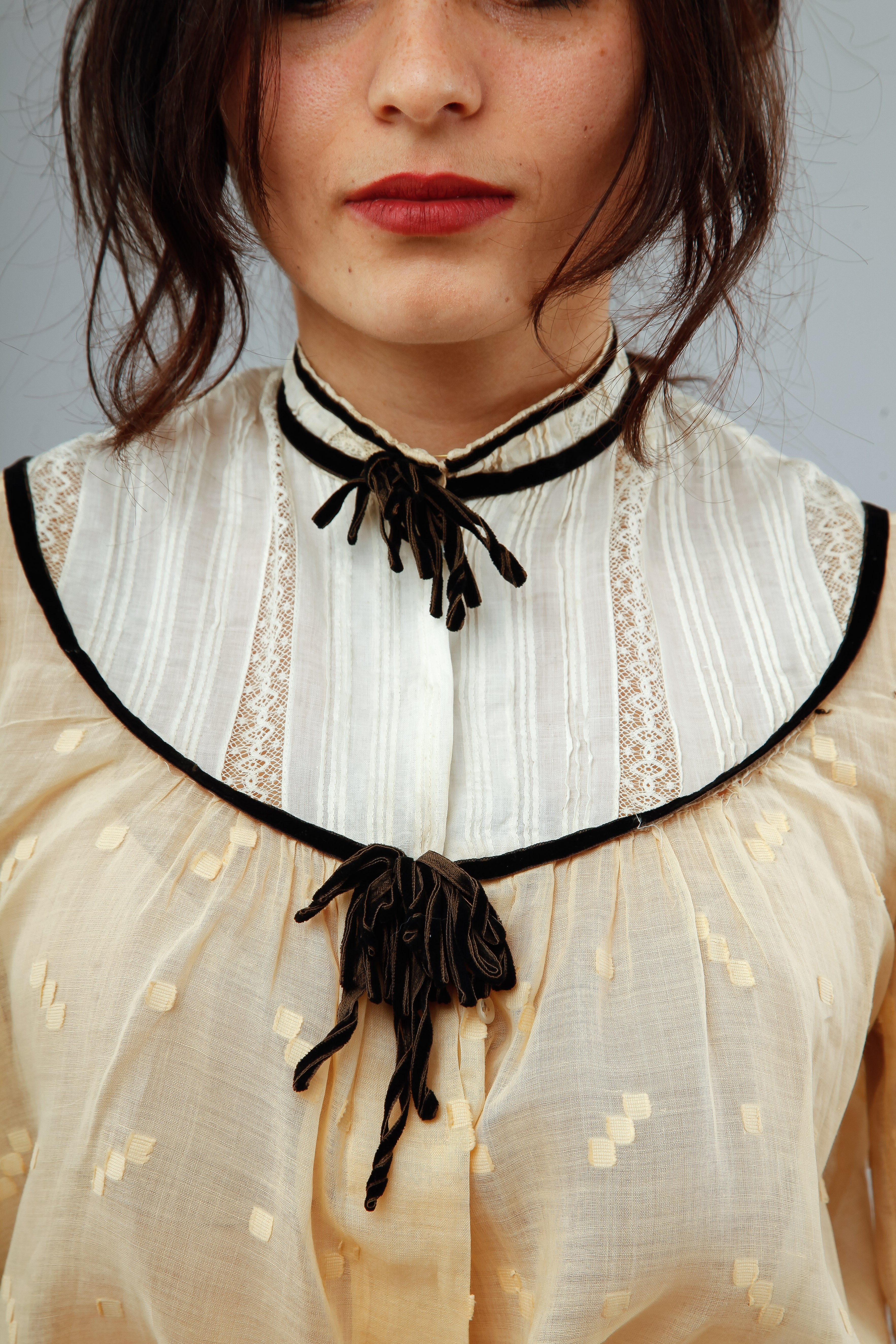 Victorian Cotton Muslin Cream Ensemble with Velvet Details