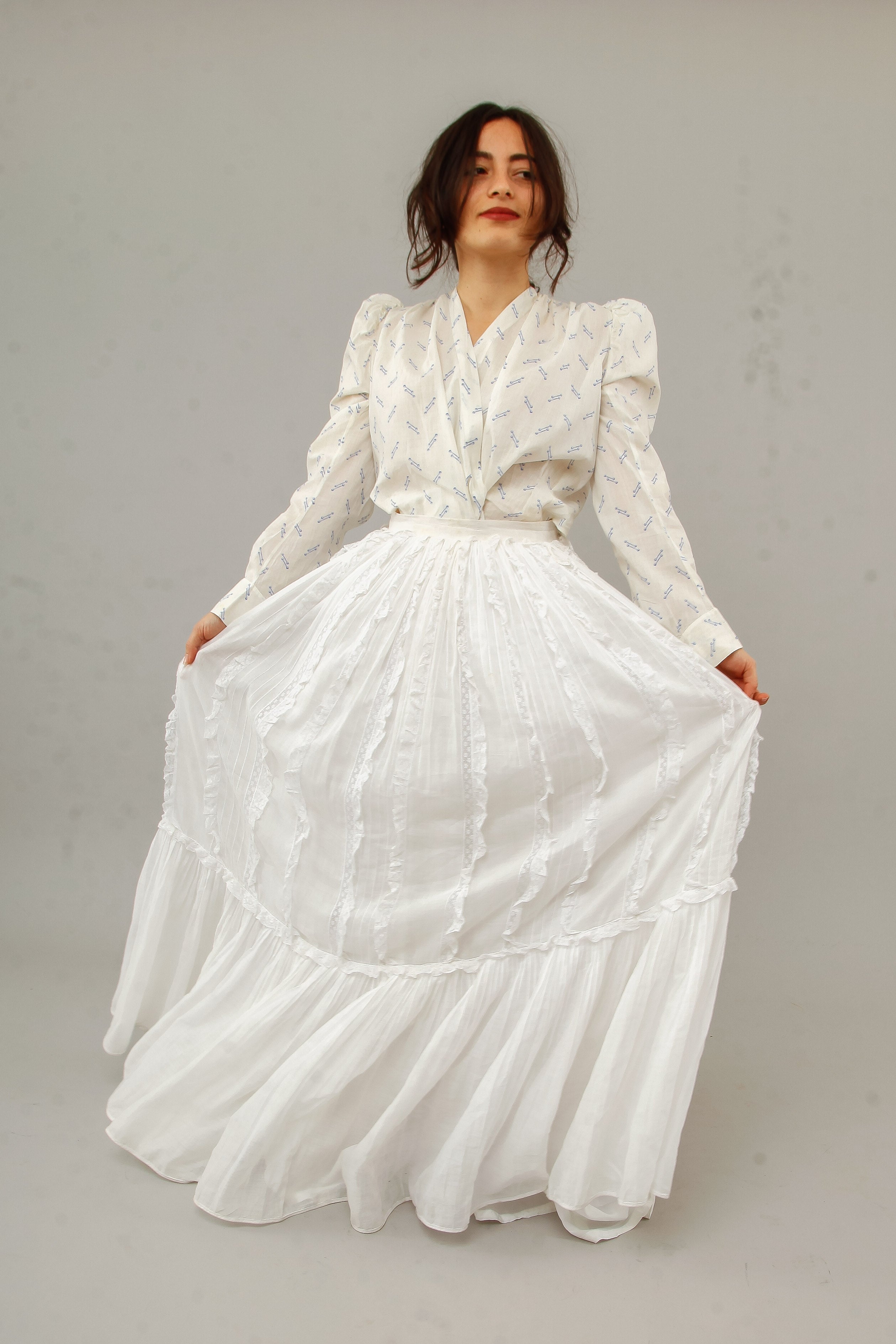 70s White Lace and Ruffles Maxi Skirt