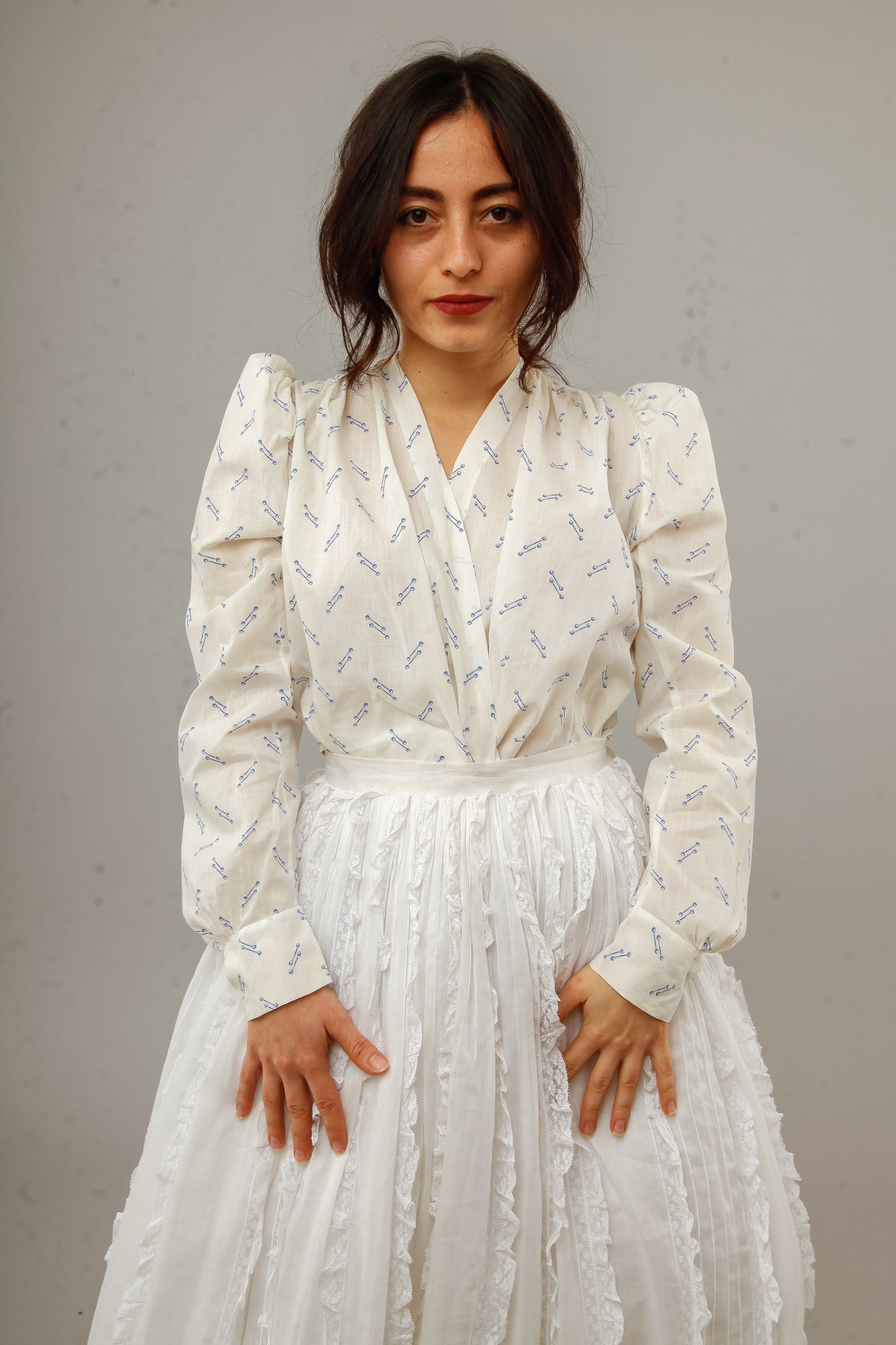 Antique 1880 Cotton Blouse with Blue Abstract Pattern