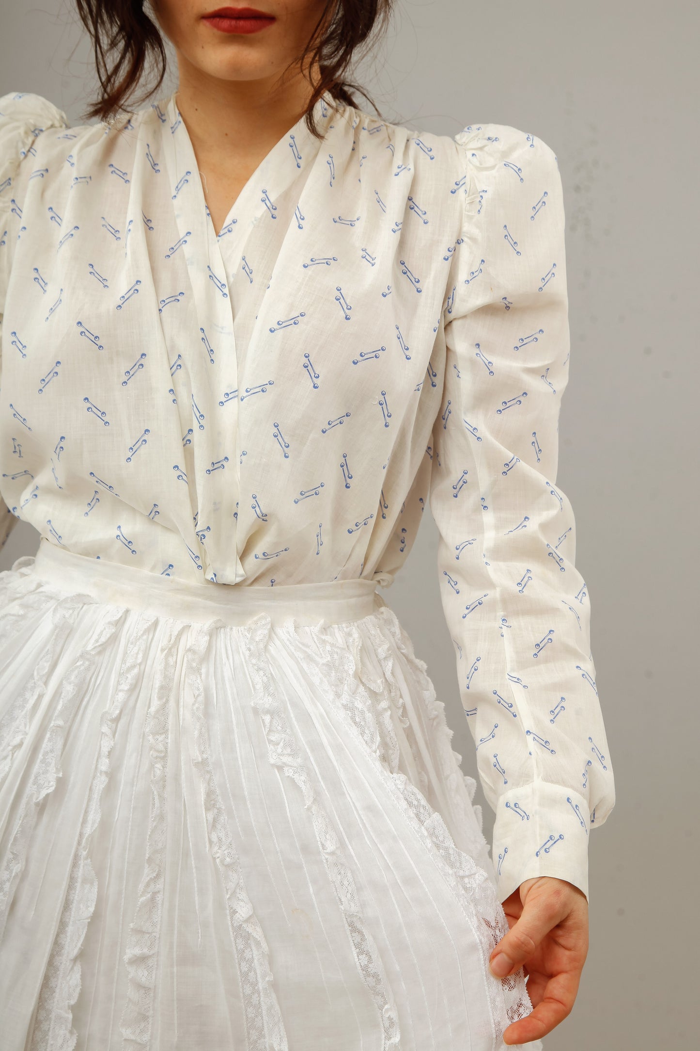 Antique 1880 Cotton Blouse with Blue Abstract Pattern