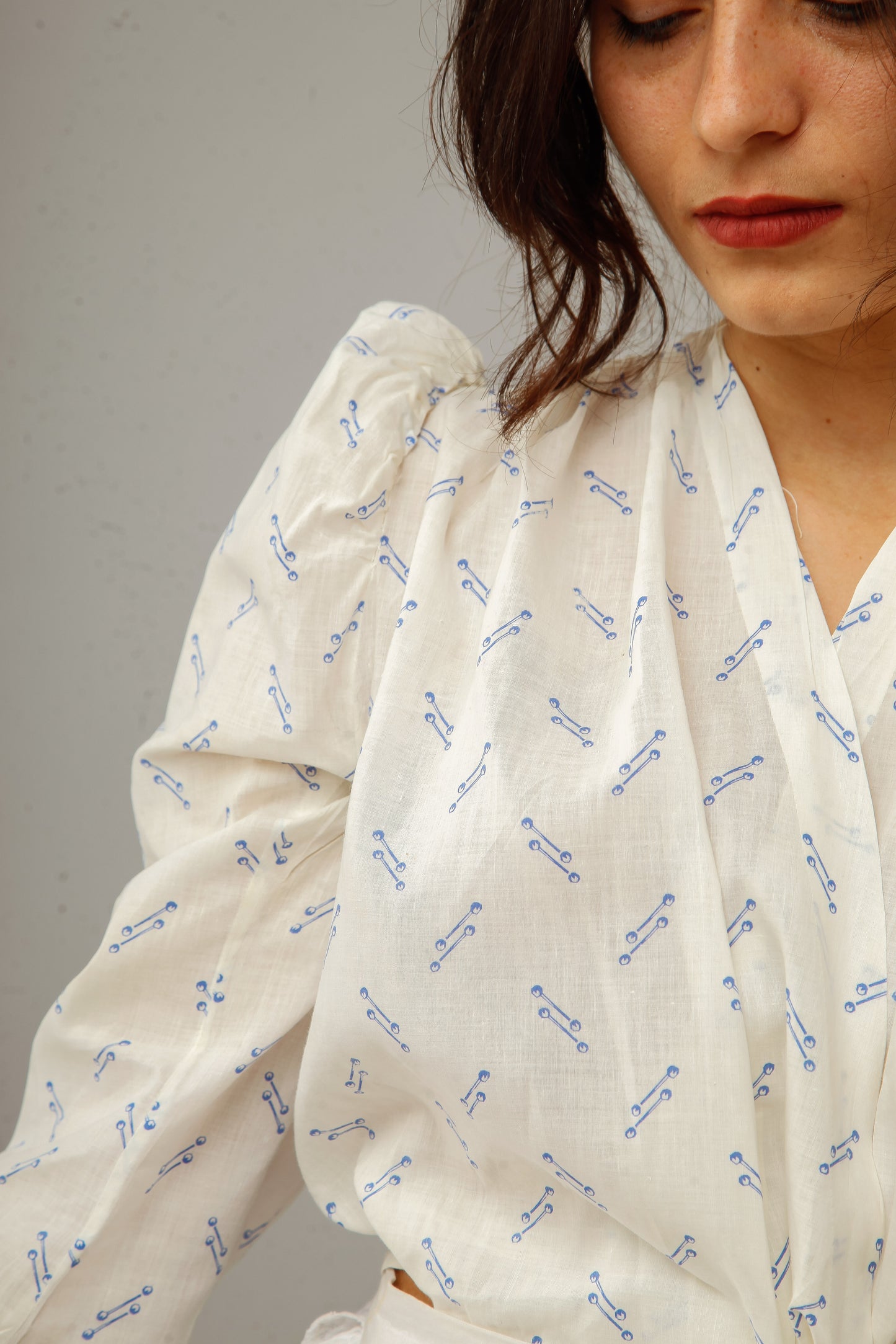 Antique 1880 Cotton Blouse with Blue Abstract Pattern