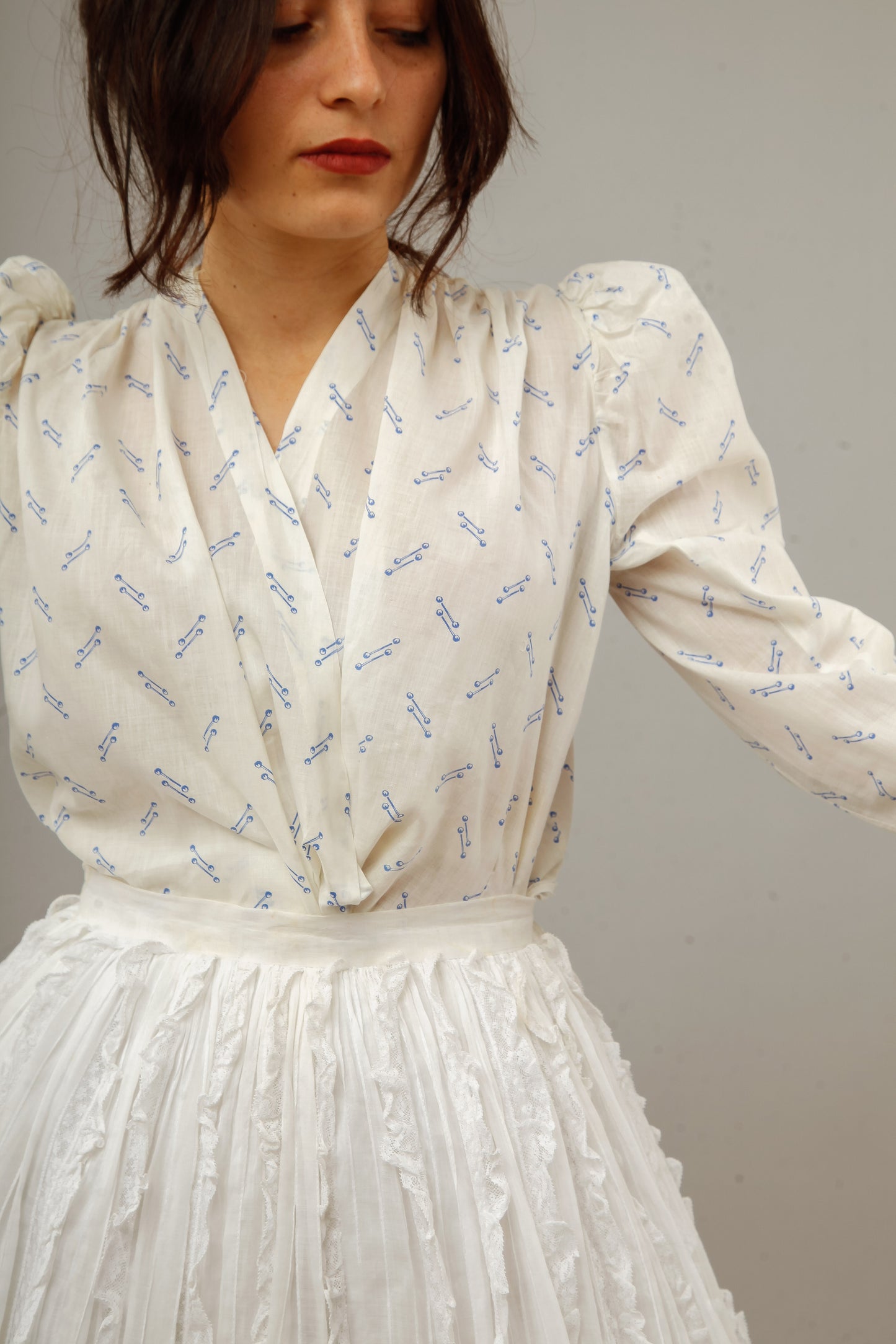 Antique 1880 Cotton Blouse with Blue Abstract Pattern