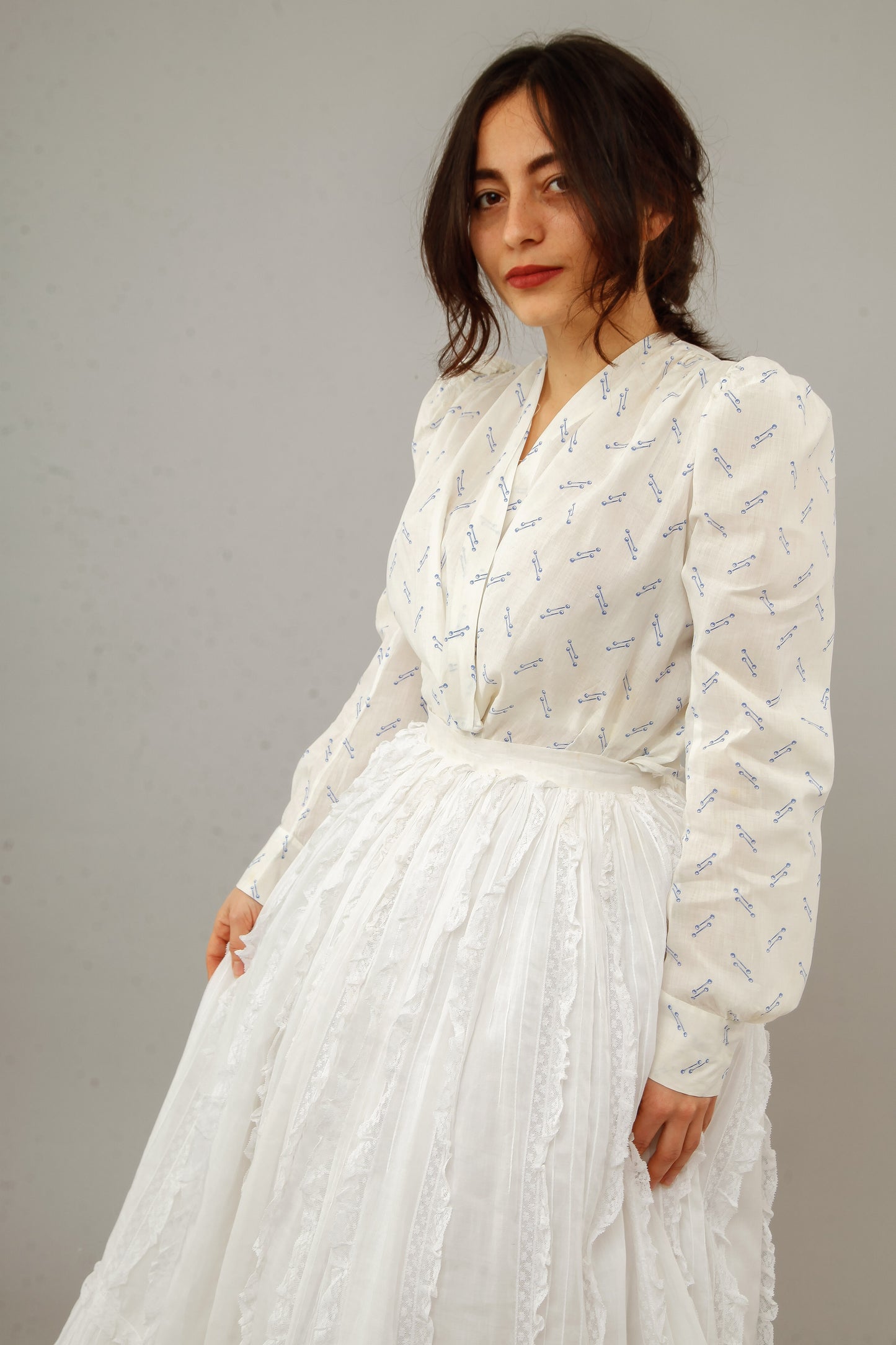Antique 1880 Cotton Blouse with Blue Abstract Pattern