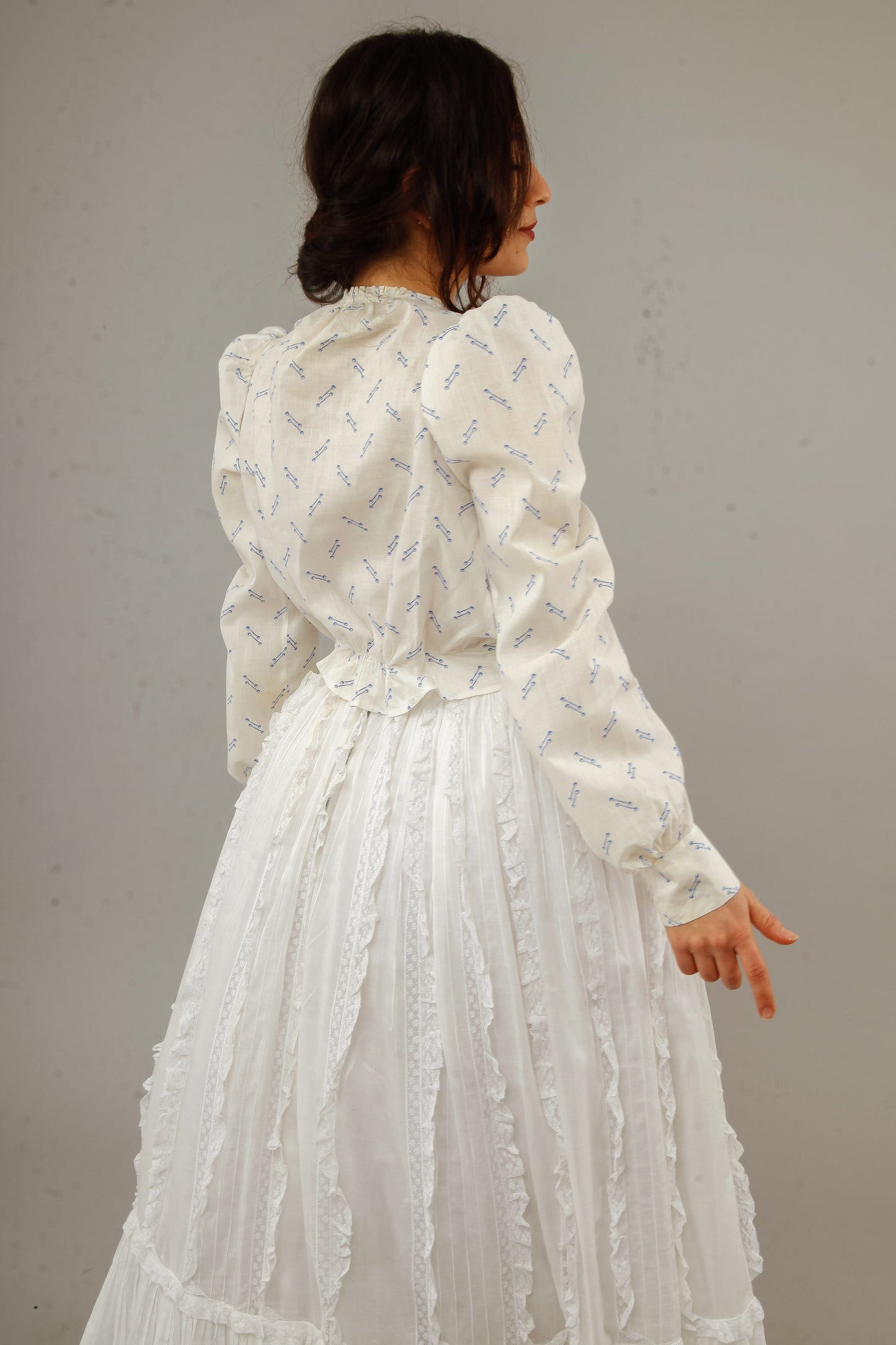 Antique 1880 Cotton Blouse with Blue Abstract Pattern