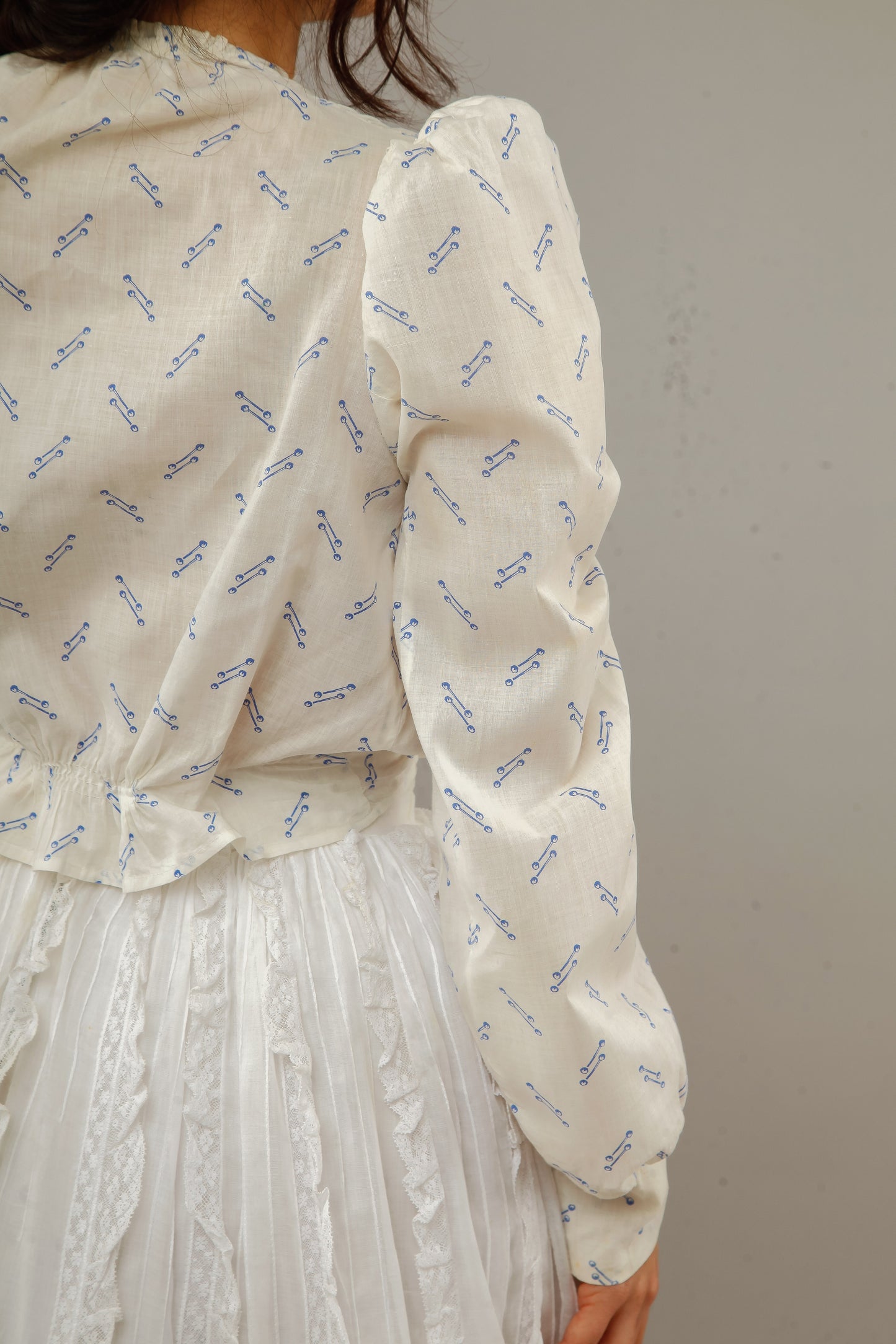 Antique 1880 Cotton Blouse with Blue Abstract Pattern