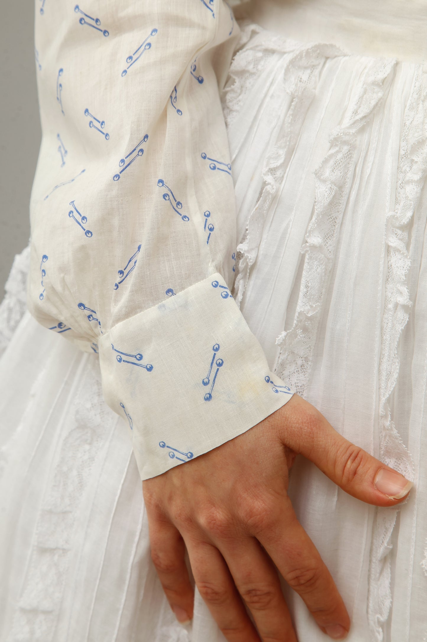 Antique 1880 Cotton Blouse with Blue Abstract Pattern
