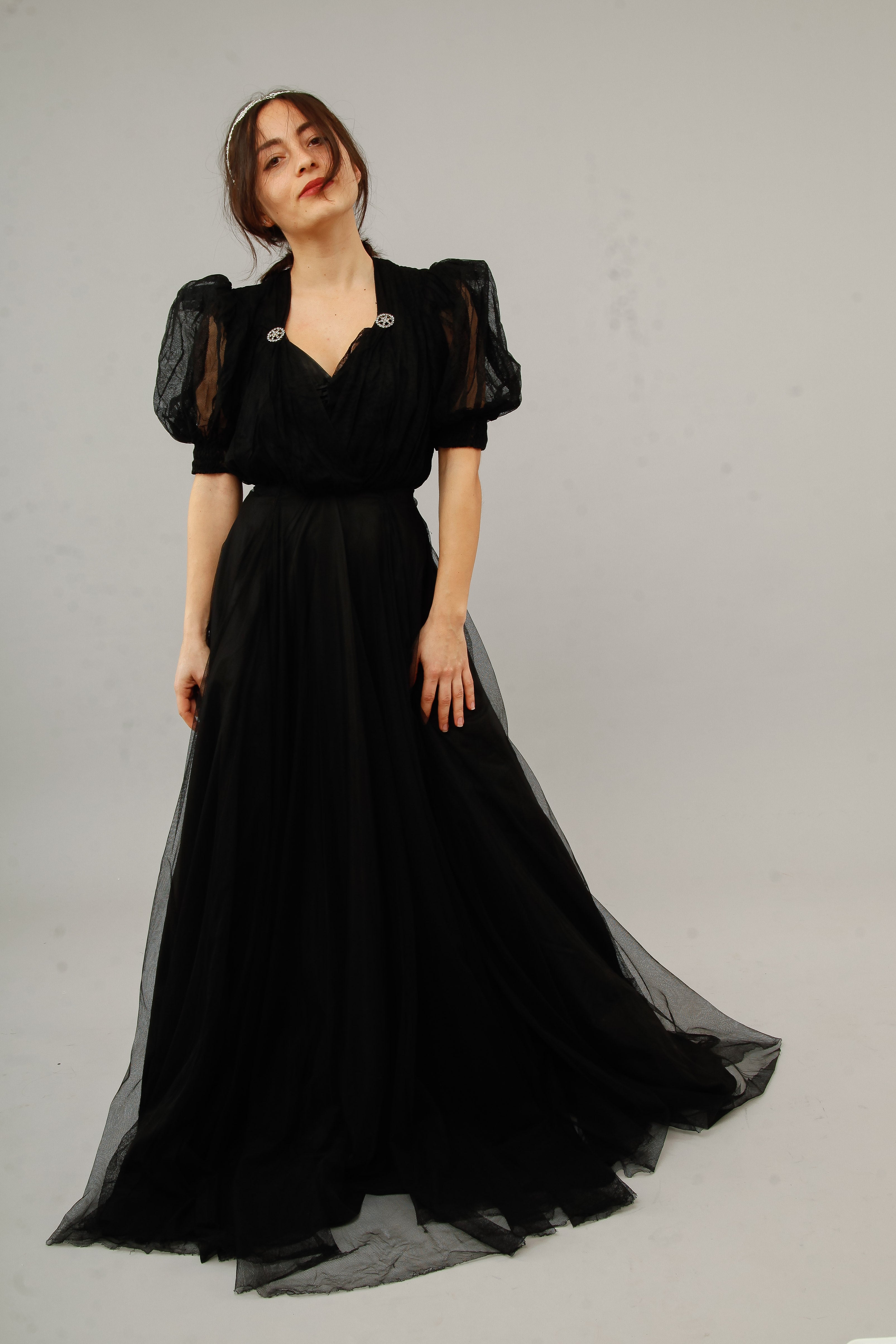 1940 Amazing Black Net Evening Gown