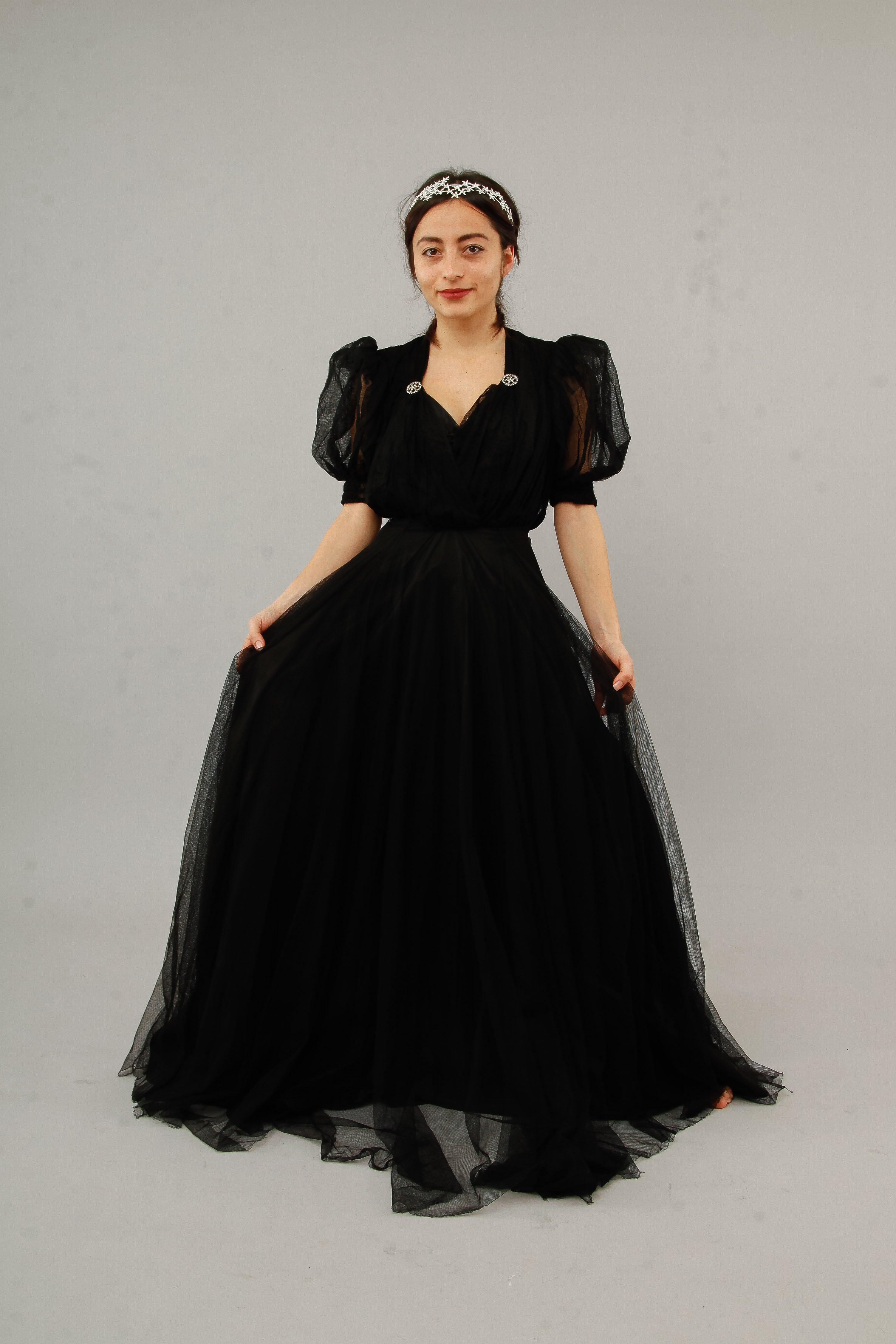 1940 Amazing Black Net Evening Gown