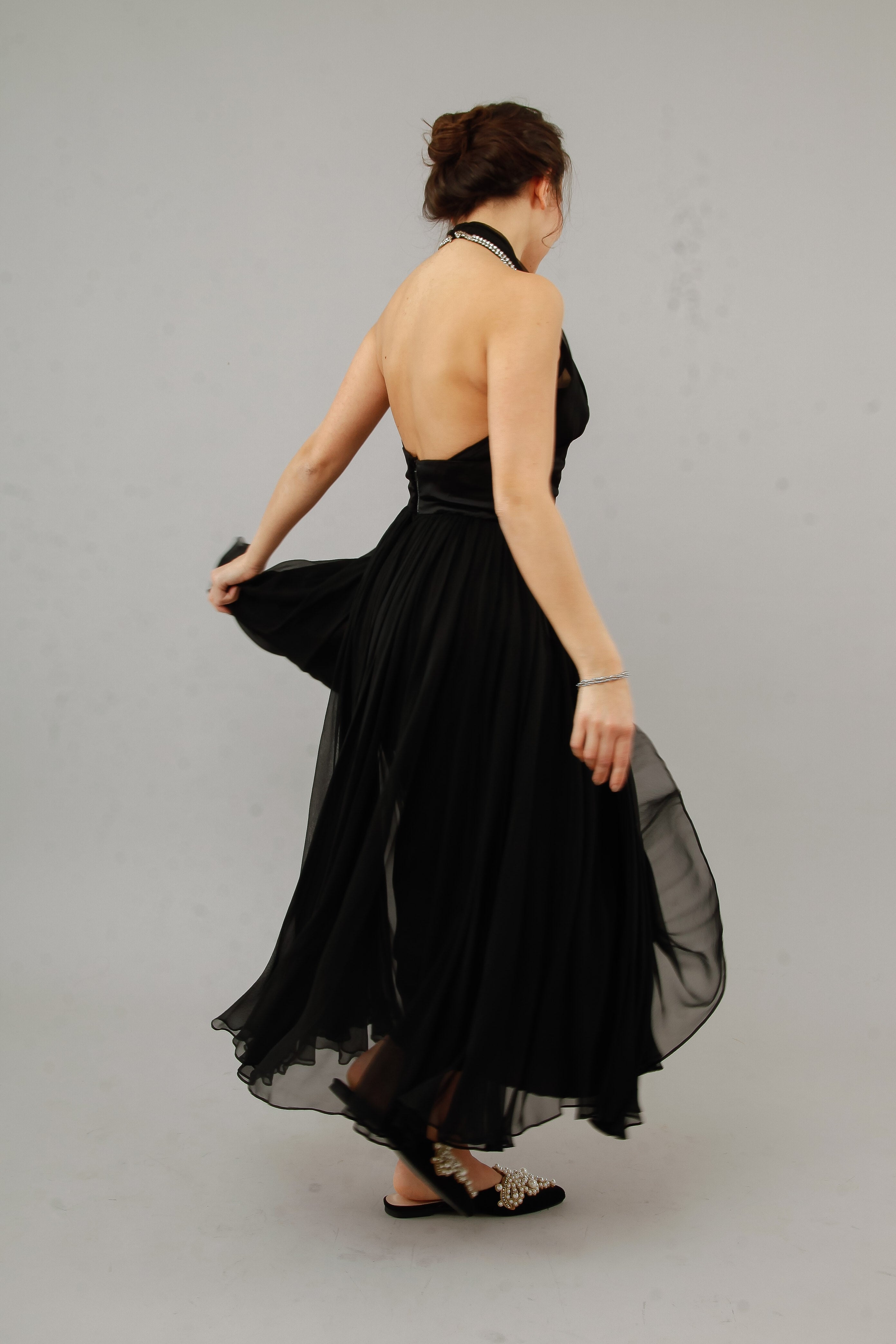 1950 Silk Chiffon Halter Cocktail Dress with Rhinestones Accents