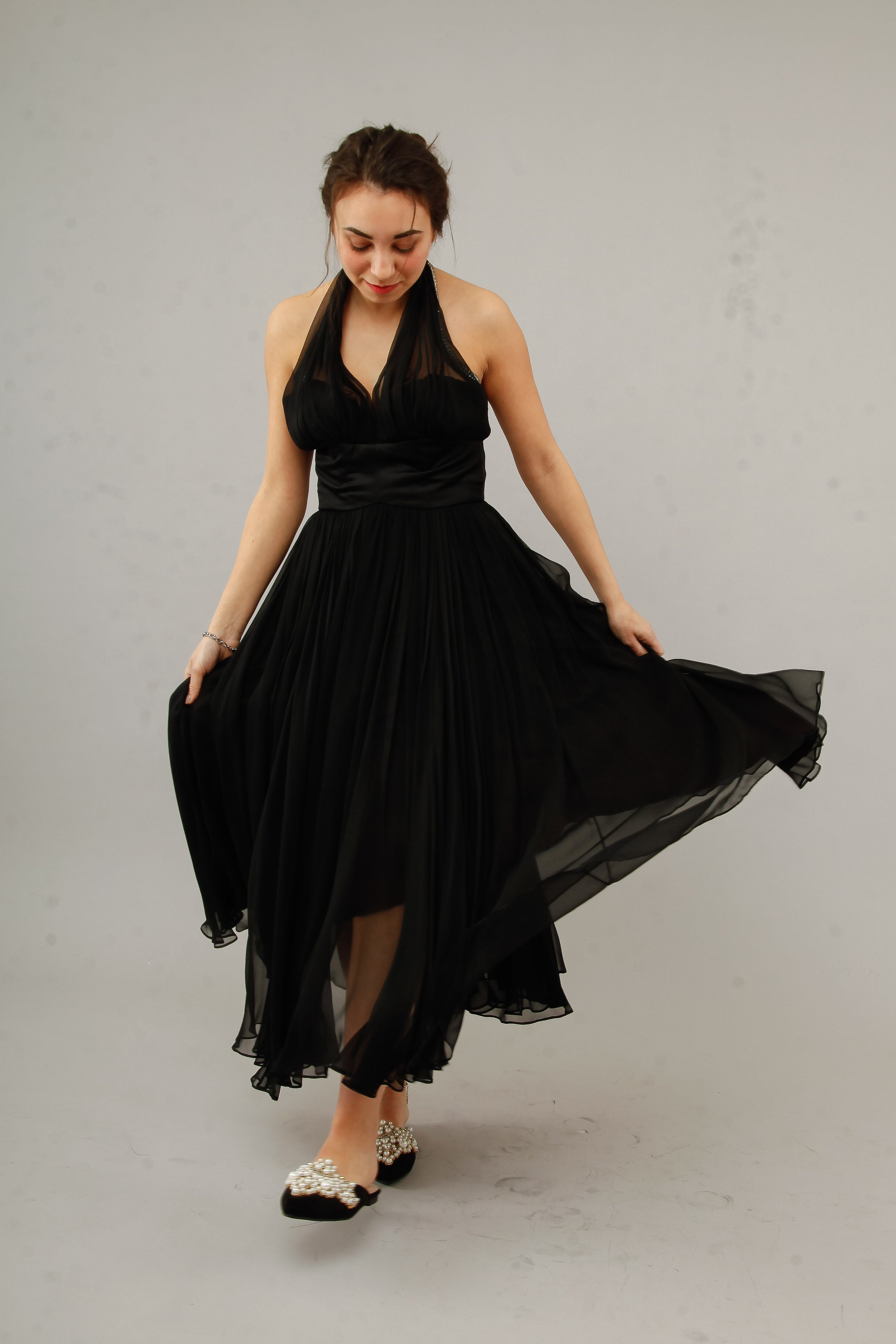 1950 Silk Chiffon Halter Cocktail Dress with Rhinestones Accents