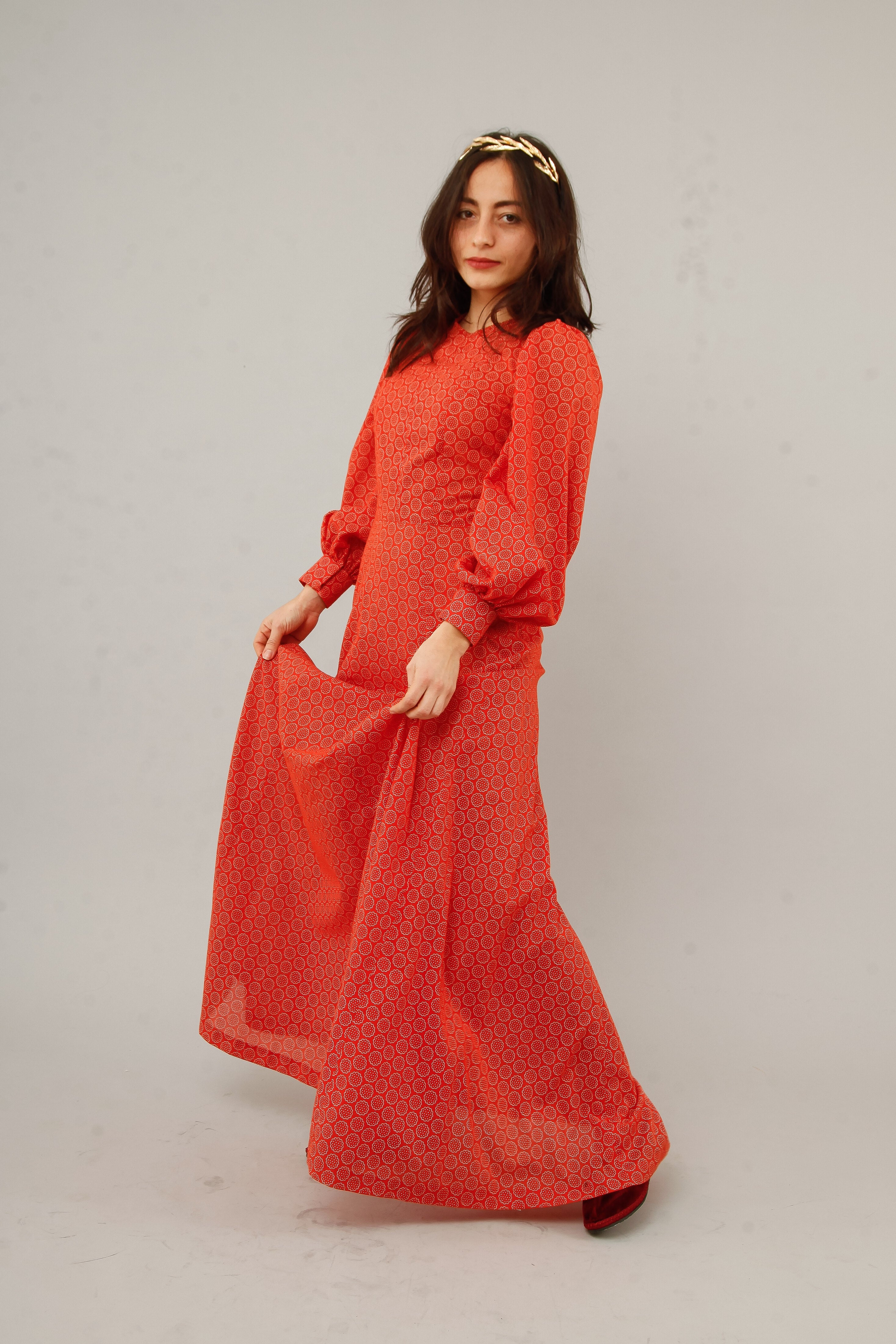 1970 Floral Cotton Prairie Red Maxi Dress