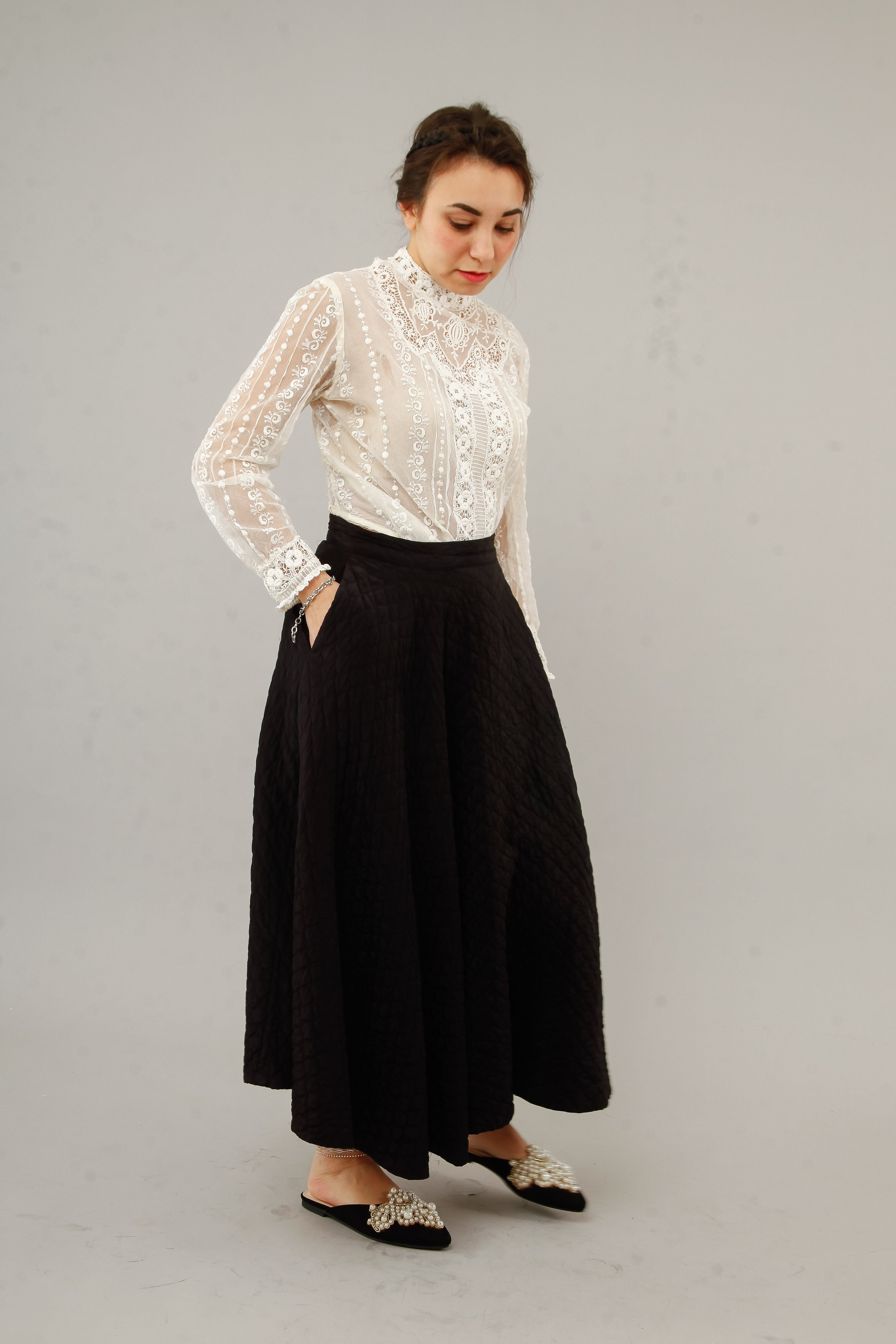 1950 Black  Silk Quilted Cirlcle Skirt