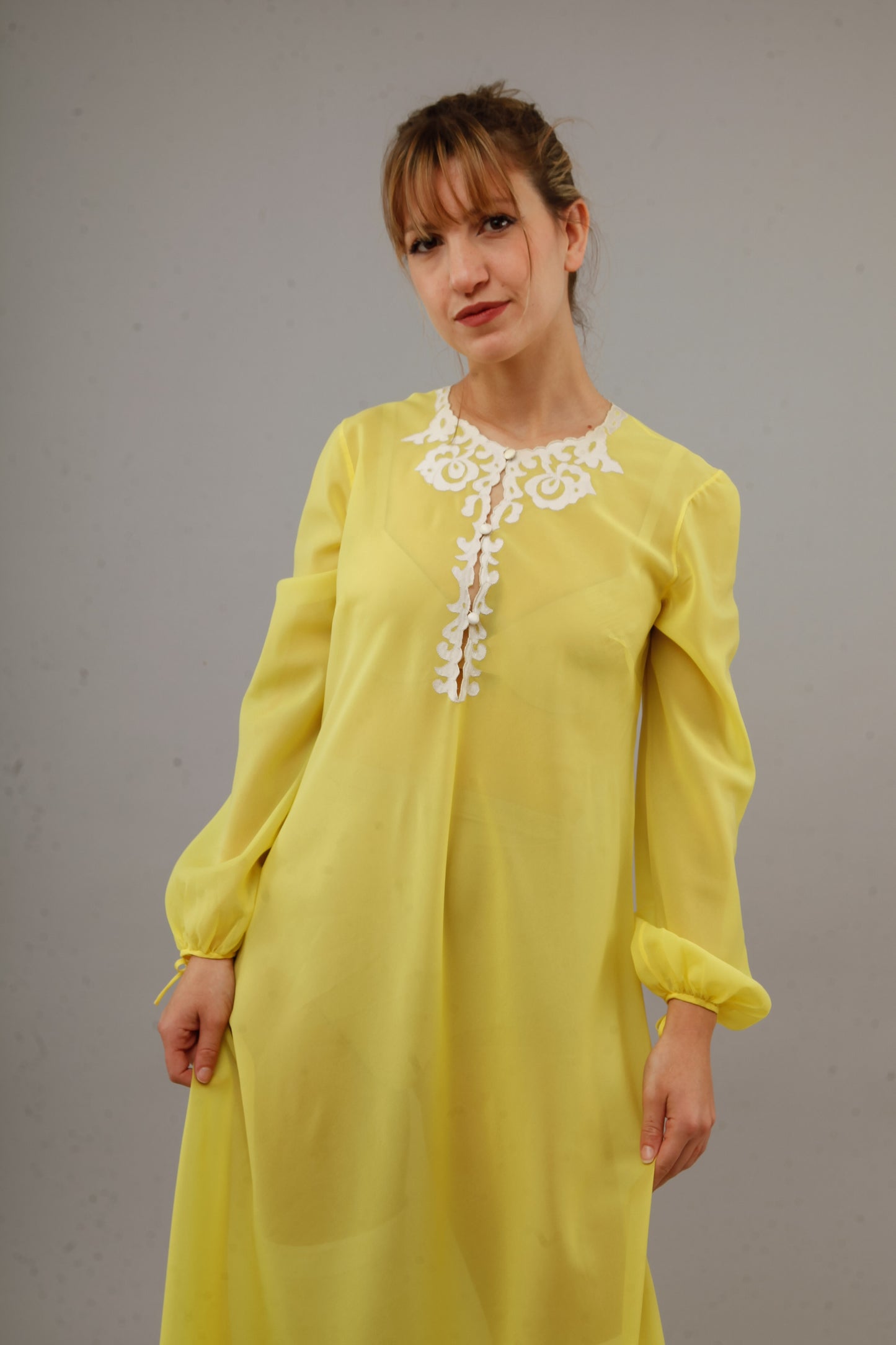1970 Bright Yellow Nylon Caftan with Silk Details
