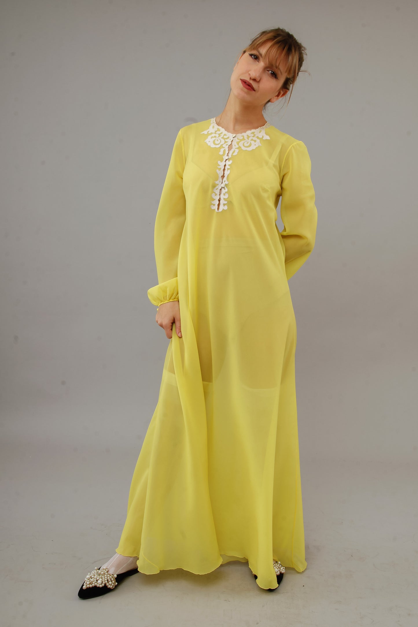 1970 Bright Yellow Nylon Caftan with Silk Details