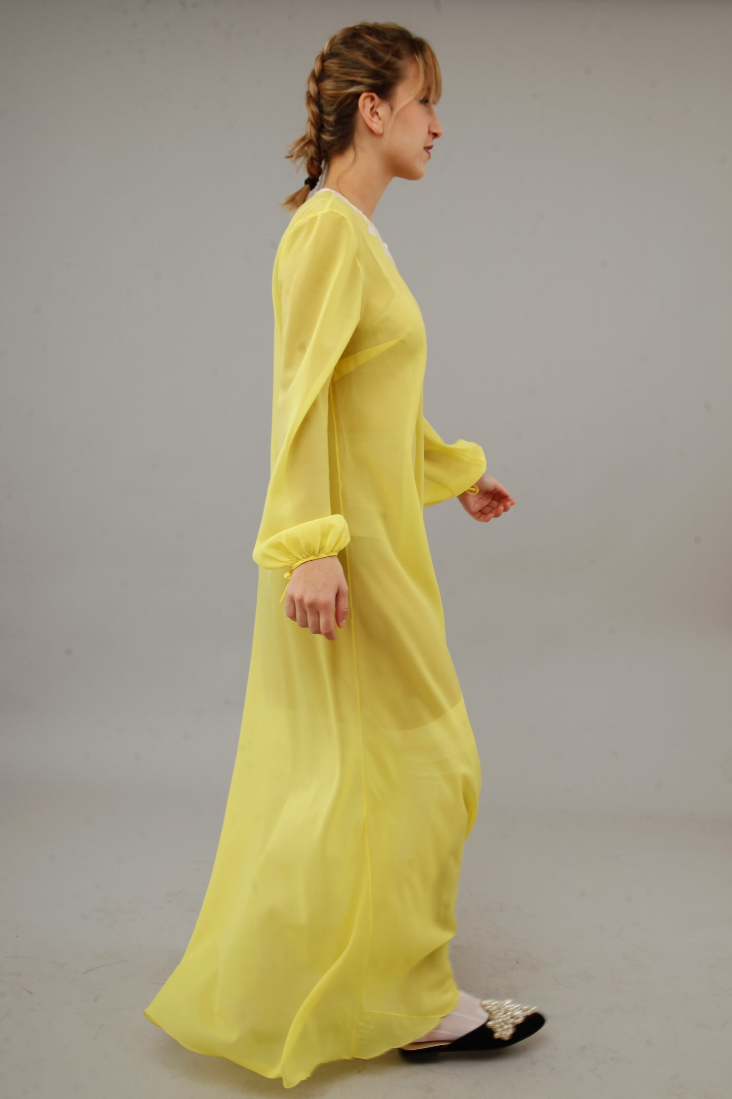 1970 Bright Yellow Nylon Caftan with Silk Details