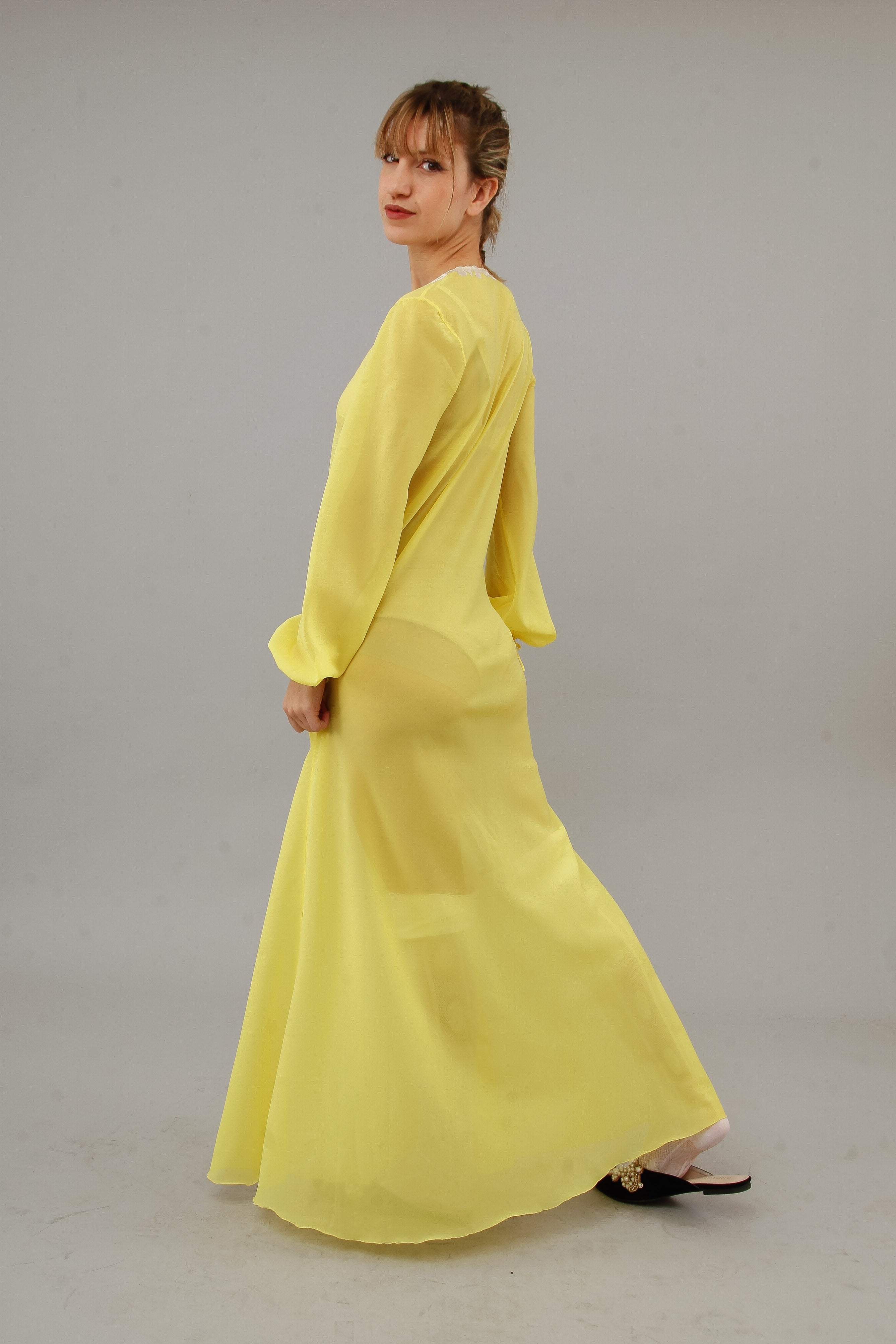 1970 Bright Yellow Nylon Caftan with Silk Details