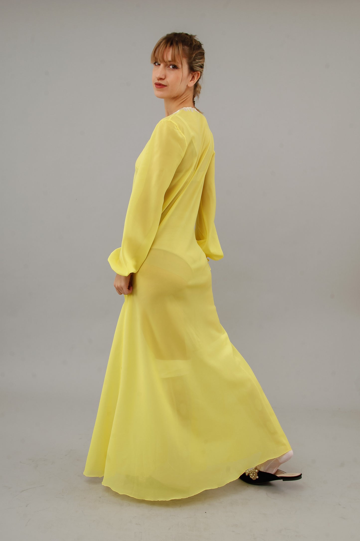1970 Bright Yellow Nylon Caftan with Silk Details