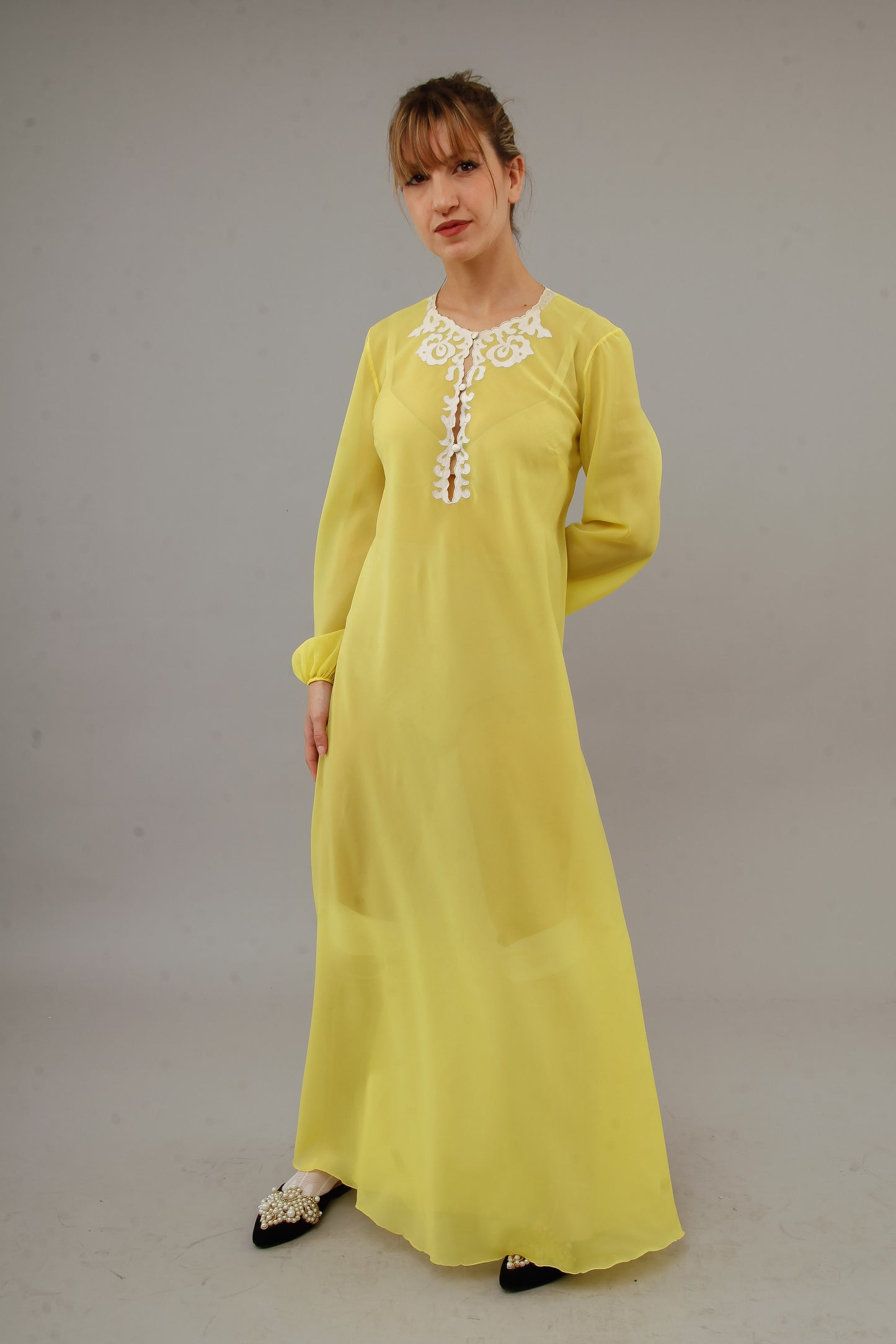1970 Bright Yellow Nylon Caftan with Silk Details