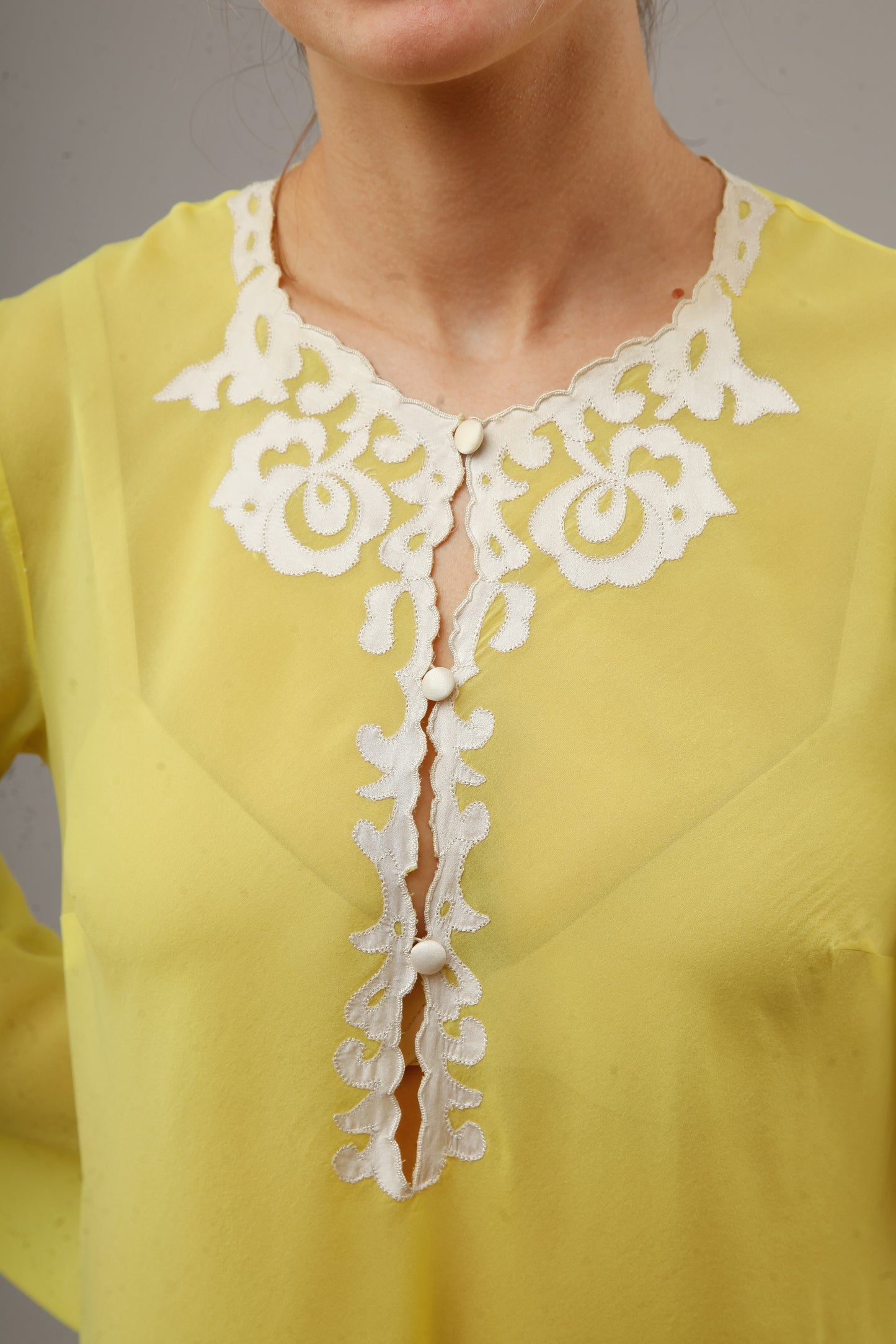 1970 Bright Yellow Nylon Caftan with Silk Details