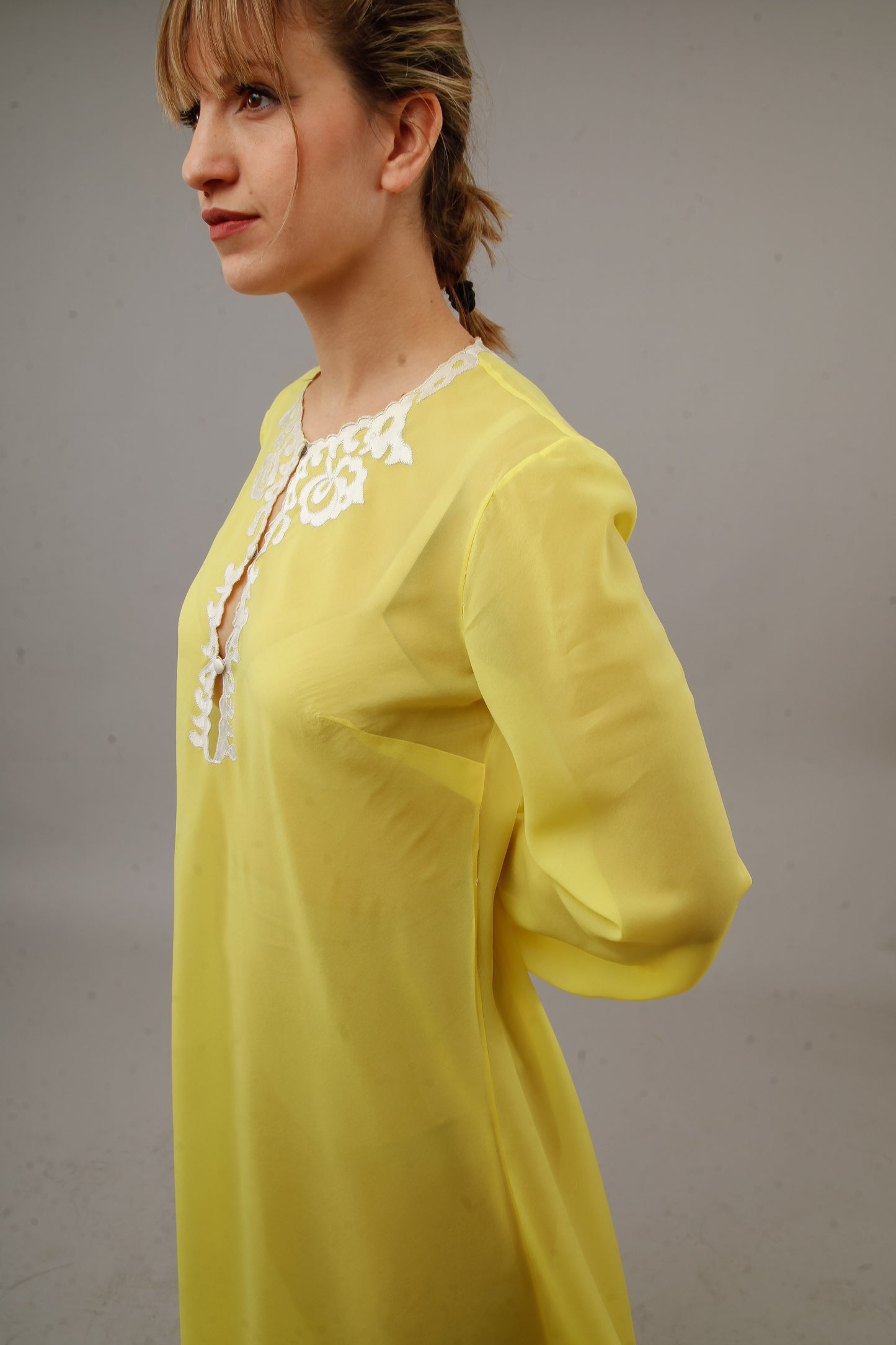 1970 Bright Yellow Nylon Caftan with Silk Details