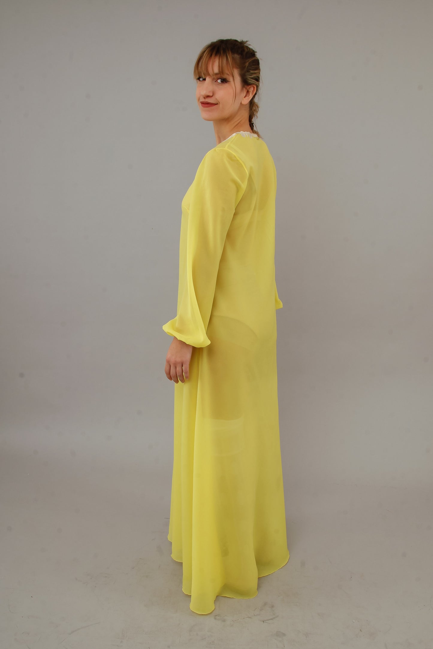 1970 Bright Yellow Nylon Caftan with Silk Details