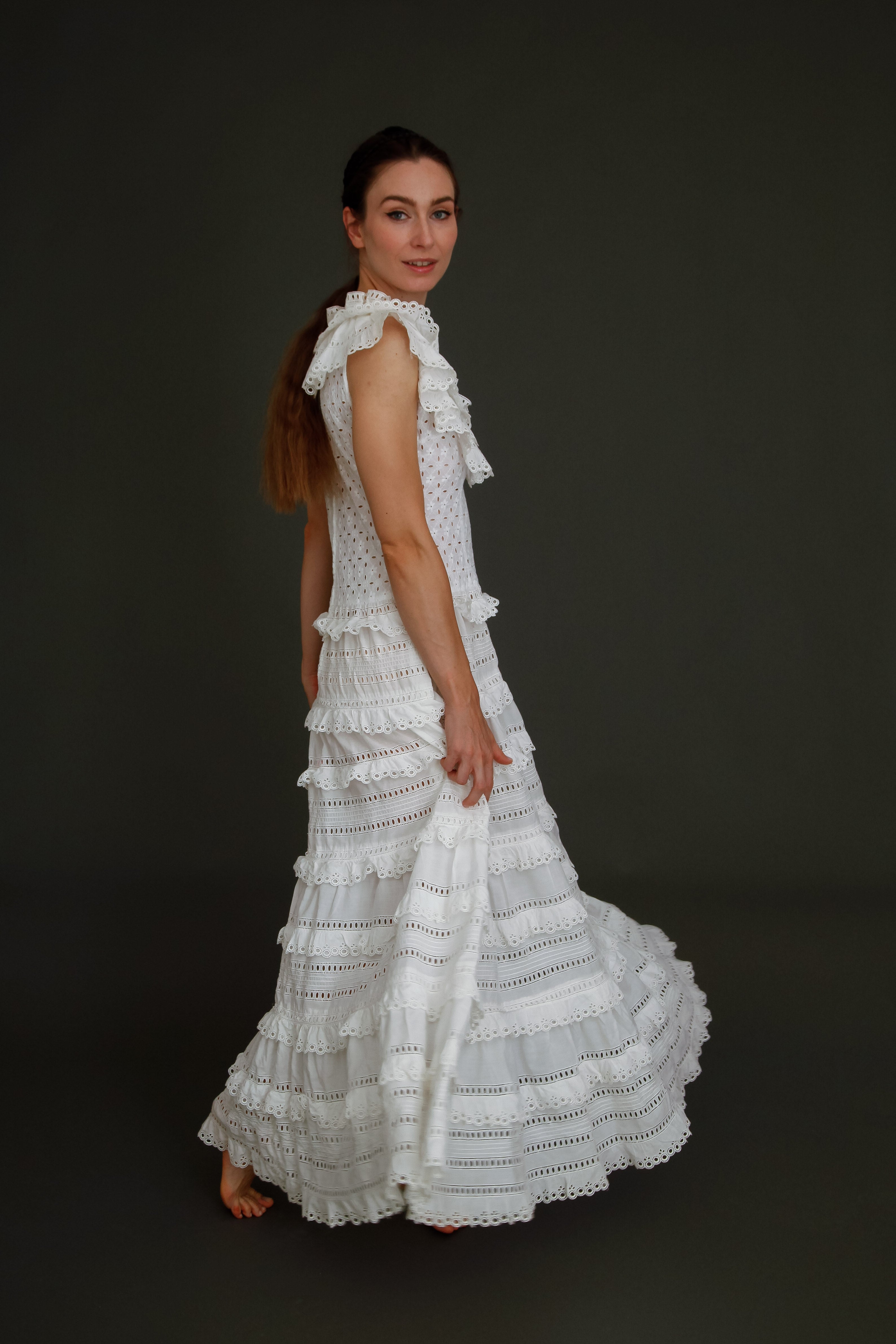 1970 Broderie Anglais White Ruffles Maxi Dress