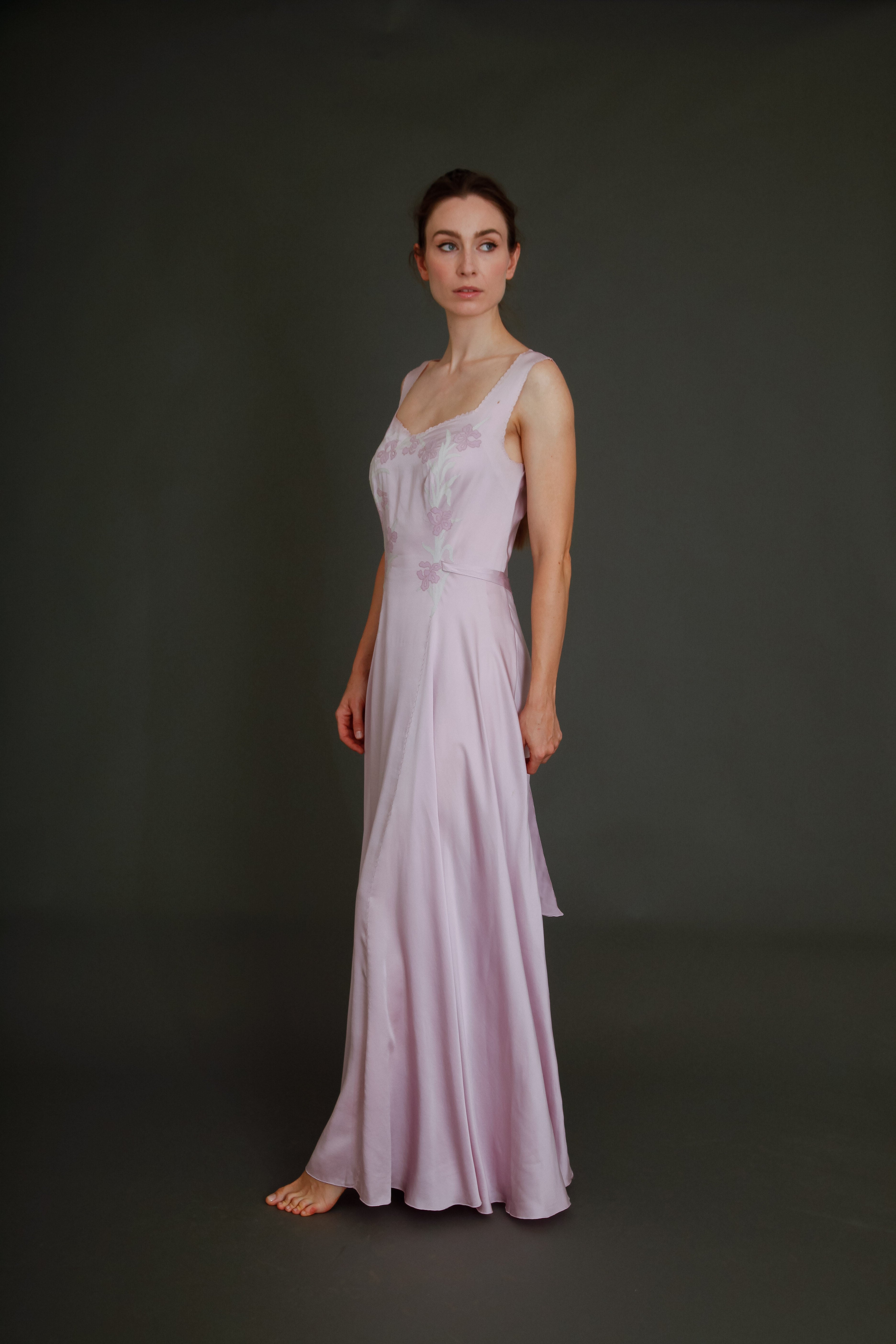 1930 Silk Satin Gown with Ebroidered Flowers