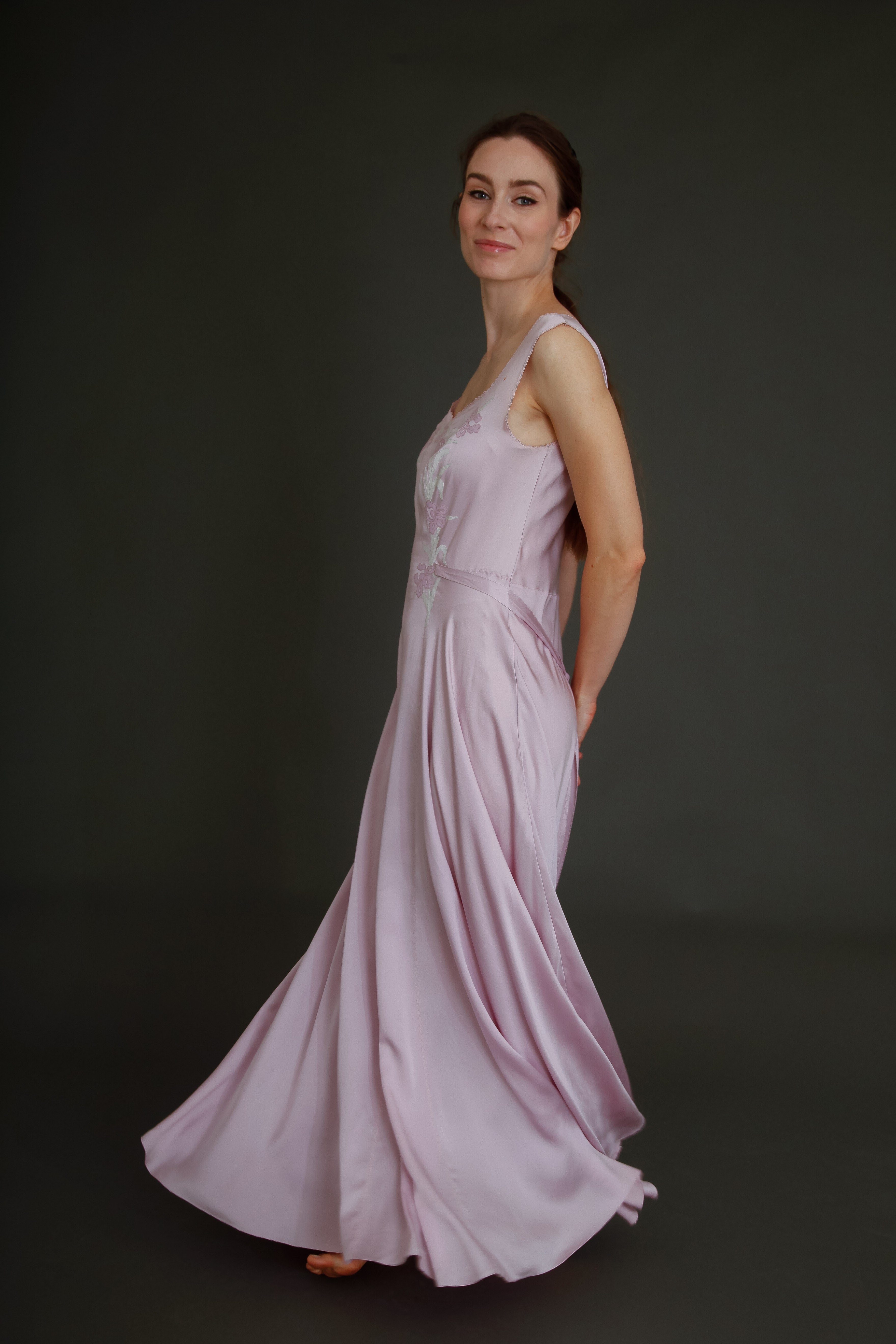 1930 Silk Satin Gown with Ebroidered Flowers