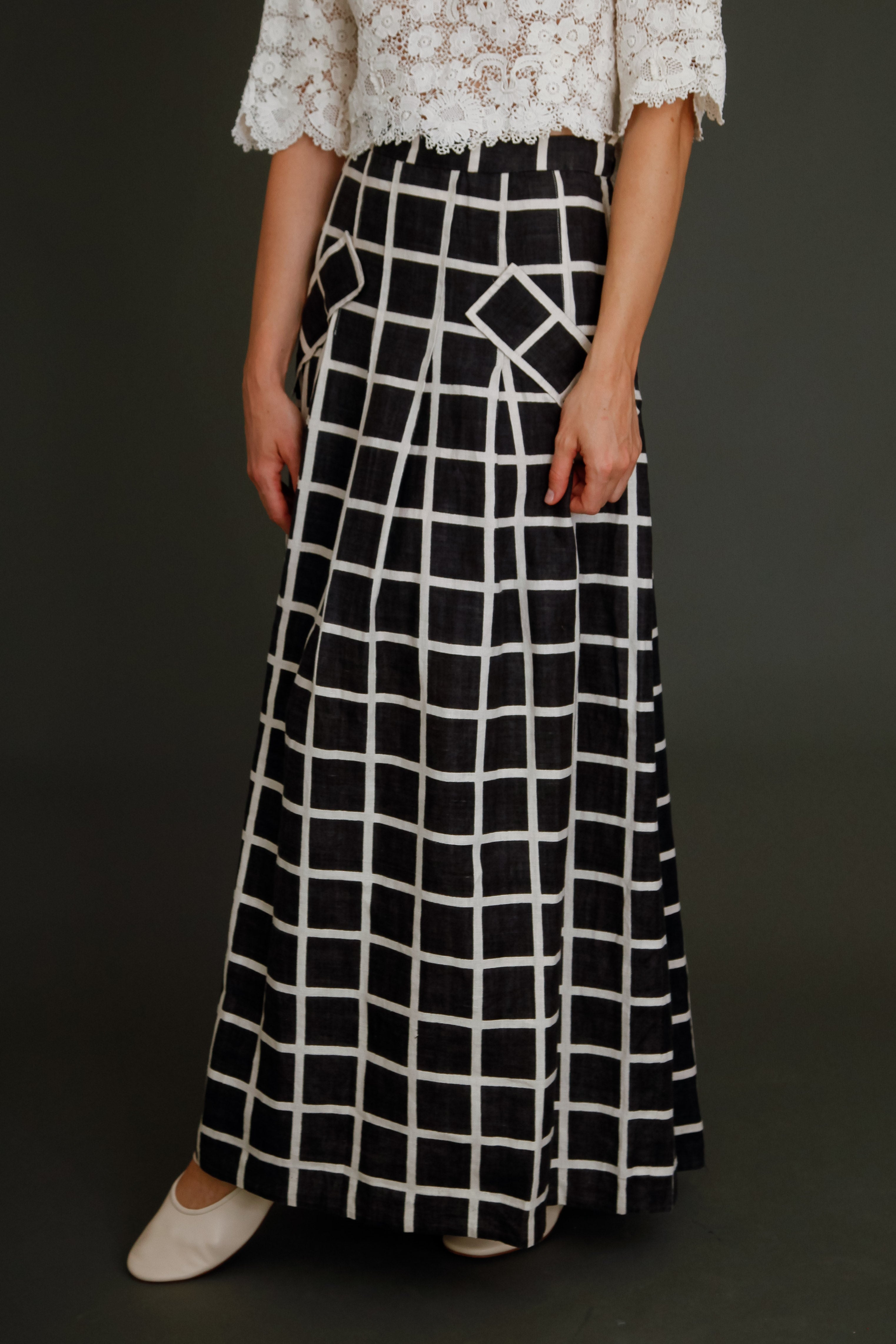 80s Linen Checked Black and White Skirt