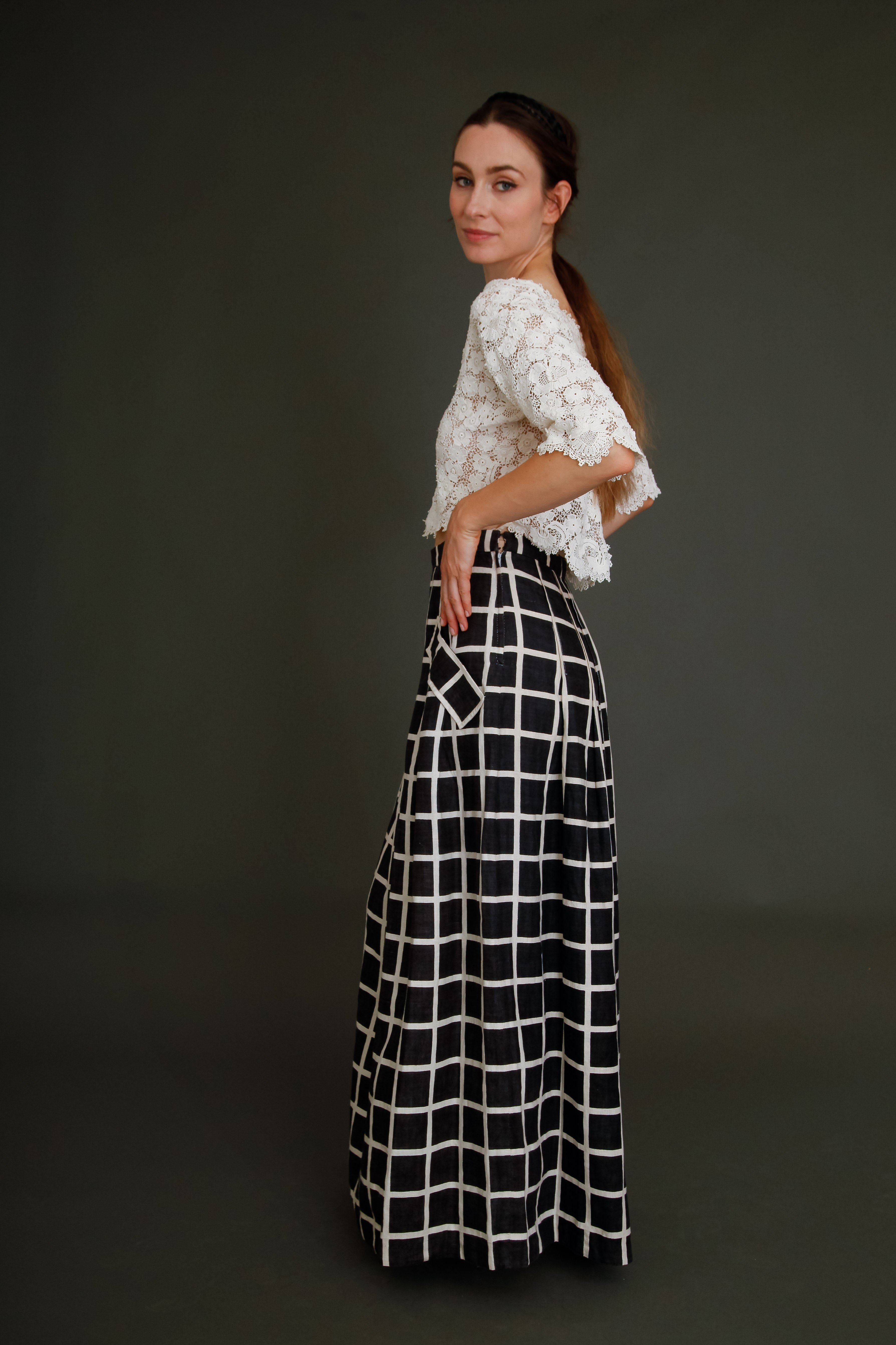 80s Linen Checked Black and White Skirt